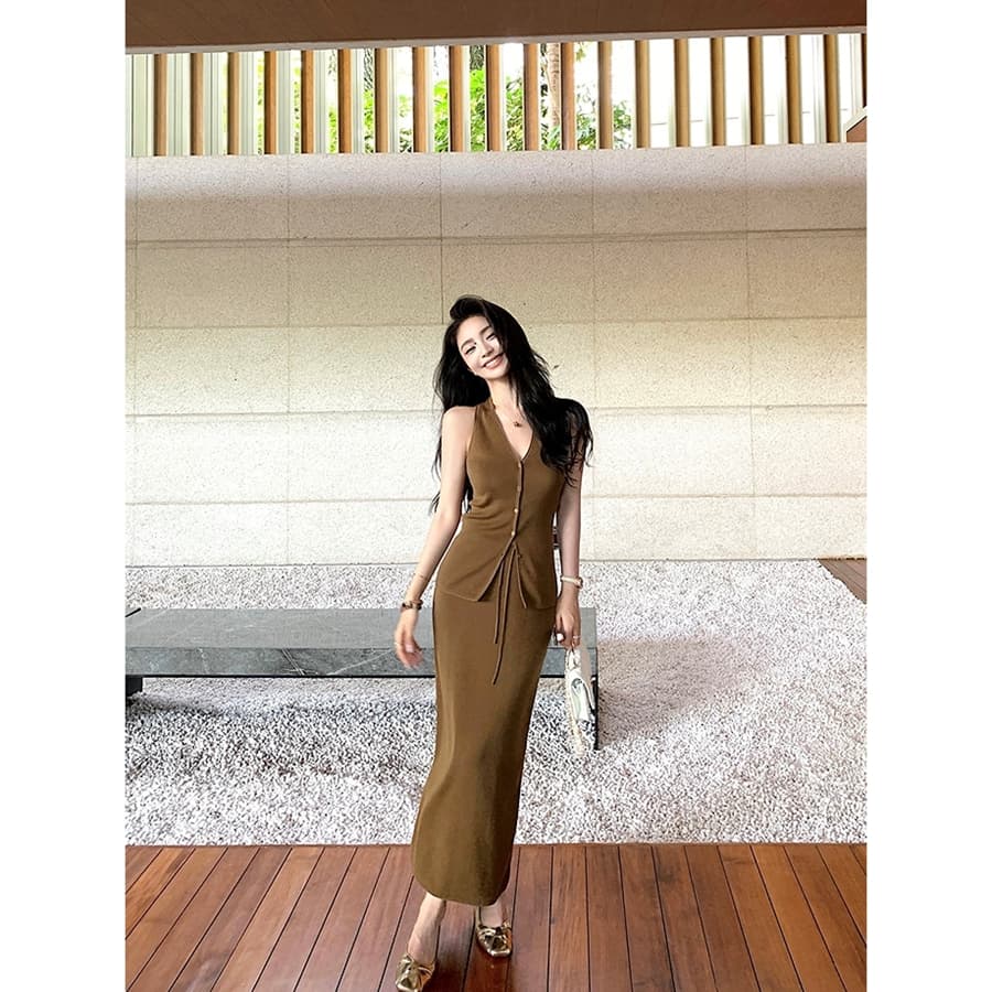 높음 지혜 직장 lady 독립적 인 품격 문예 느슨함 고급 조끼 반 스커트 세트 여름 새로운 투피스 세트