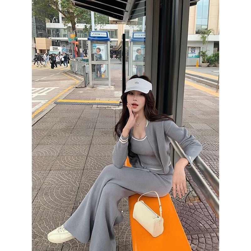 학원 스타일 핫걸 튀김 거리 운동 3종 세트 이른 봄 새로운 니트 오픈 가디건 조끼 와이드 레그 팬츠 세 조각 여성 세트 이미지 3