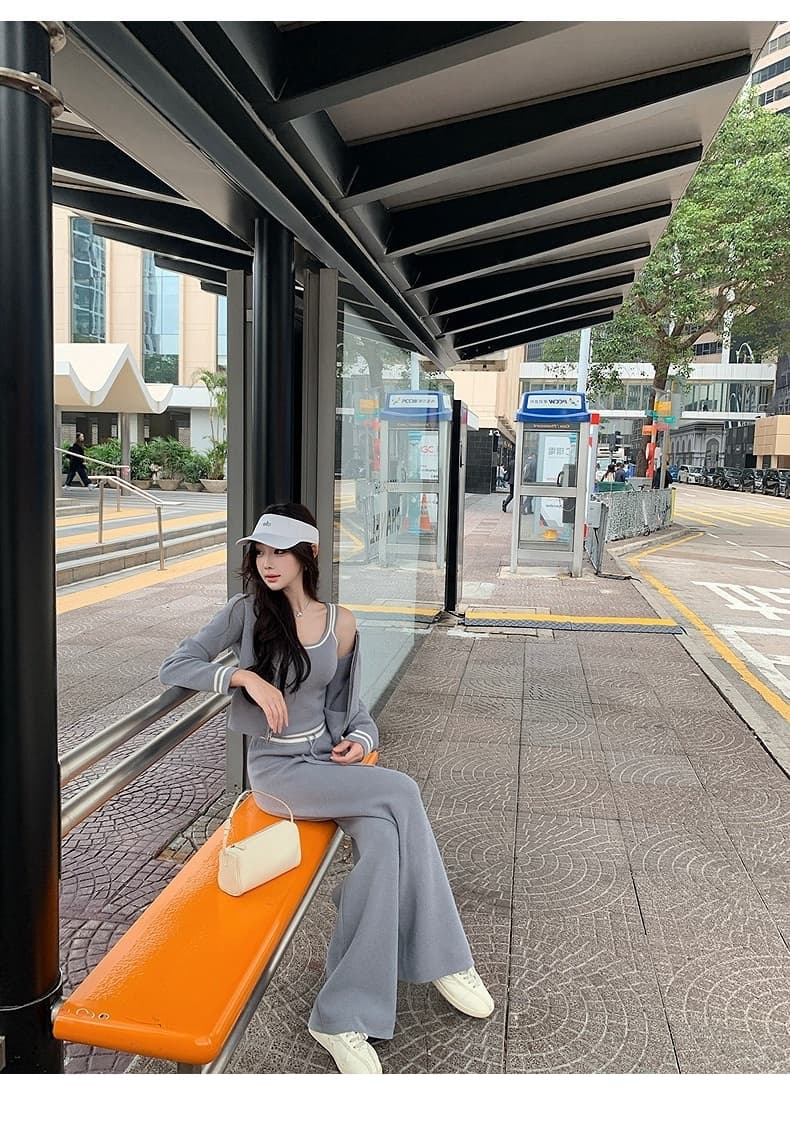 학원 스타일 핫걸 튀김 거리 운동 3종 세트 이른 봄 새로운 니트 오픈 가디건 조끼 와이드 레그 팬츠 세 조각 여성 세트 상세 이미지 11