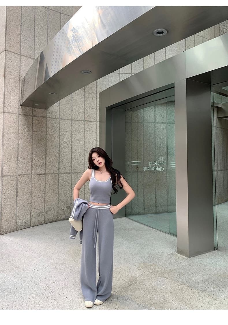 학원 스타일 핫걸 튀김 거리 운동 3종 세트 이른 봄 새로운 니트 오픈 가디건 조끼 와이드 레그 팬츠 세 조각 여성 세트 상세 이미지 16