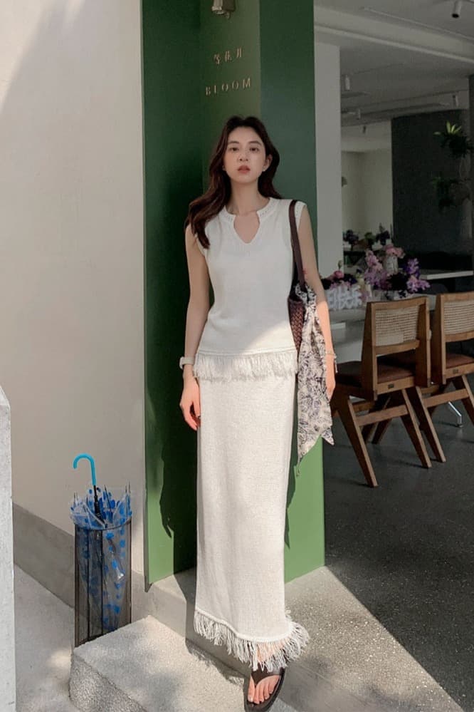 품격 작은 샤넬 스타일 보헤미안 휴가 디자인 센스 술 조끼 세트 여름 새로운 반신 스커트 투피스 세트 이미지 7