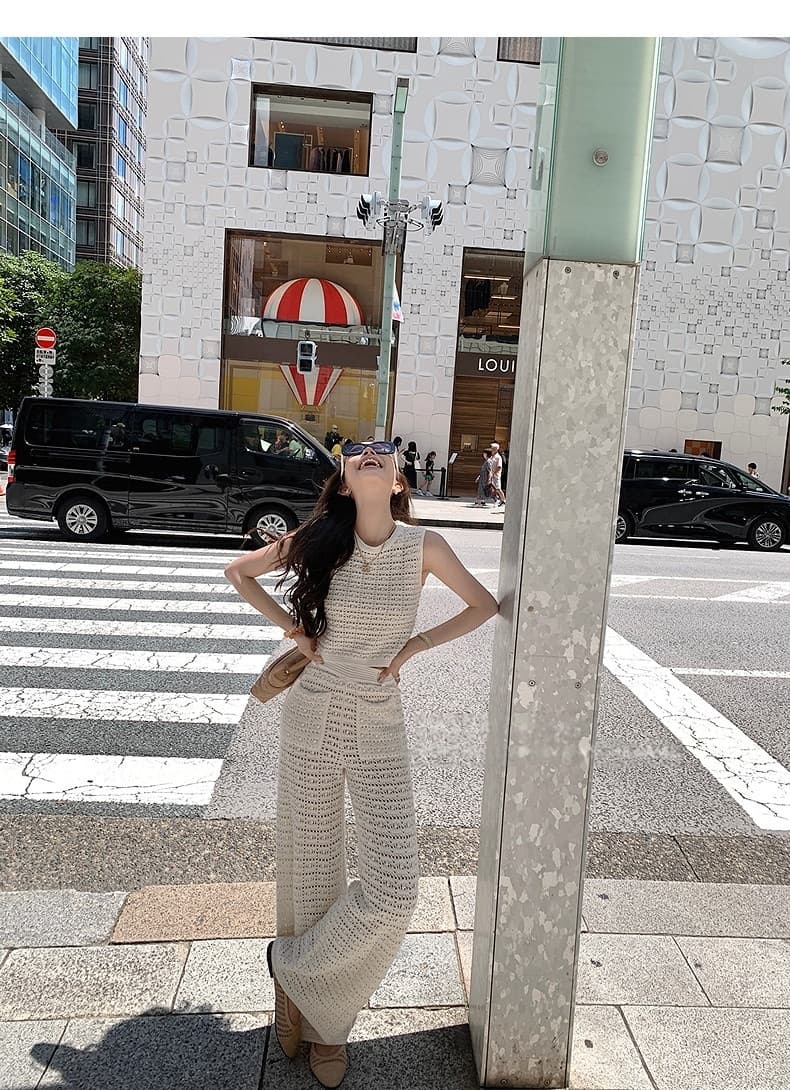 보여주기 필드 같은 단락 무거운 작업 홀로우 아웃 니트 조끼 긴 바지 세트 여름 드레스 새로운 빛 럭셔리 고급 와이드 레그 팬츠 투피스 세트 상세 이미지 6