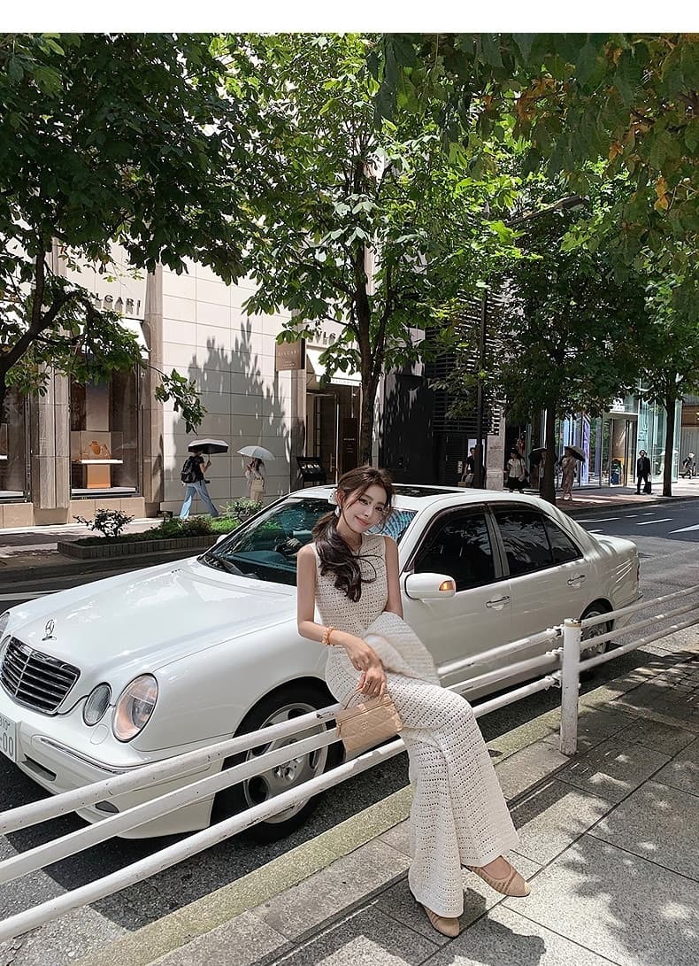 보여주기 필드 같은 단락 무거운 작업 홀로우 아웃 니트 조끼 긴 바지 세트 여름 드레스 새로운 빛 럭셔리 고급 와이드 레그 팬츠 투피스 세트 상세 이미지 18