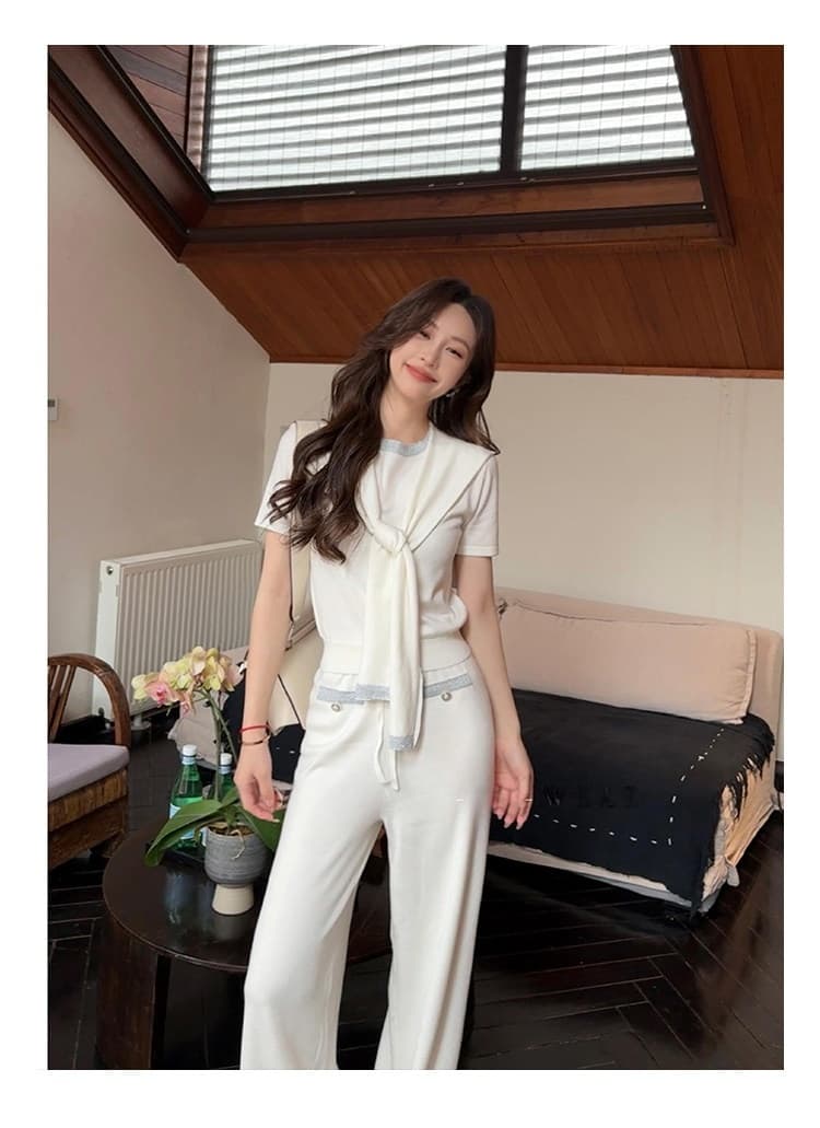 있음 공동 디자인 센스 작은 대중 숄 반팔 니트 스웨터 3종 세트 여름 새로운 세련된 와이드 레그 팬츠 세트 여성 상세 이미지 5