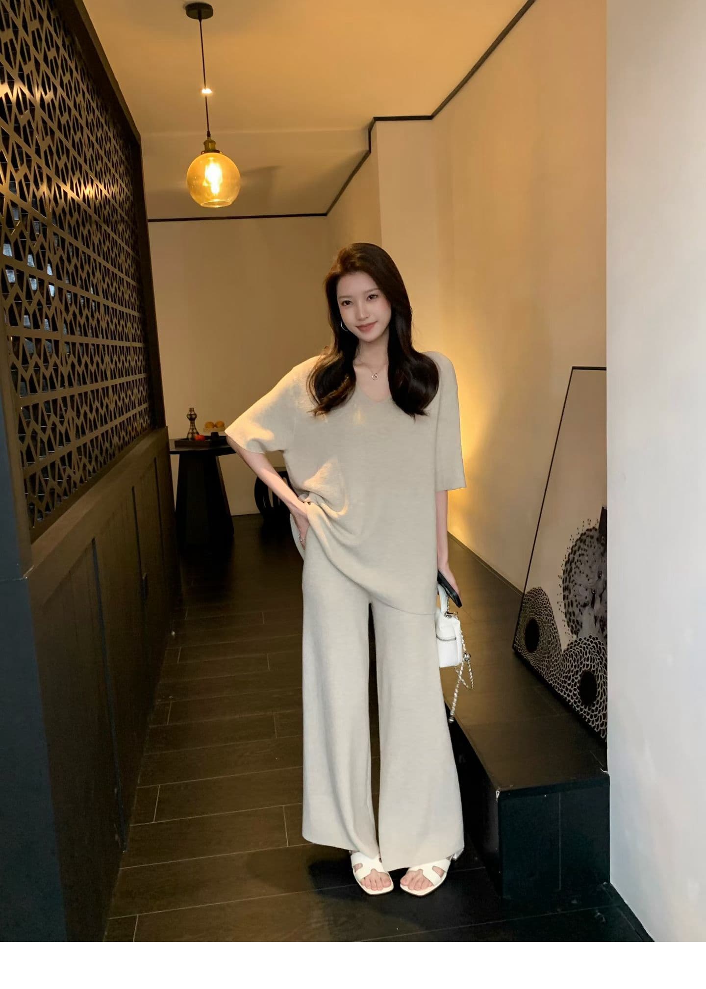 인터넷 유명인 품격 캐주얼 루즈핏 반팔 니트 스웨터 세트 여름 드레스 새로운 세련된 질감 센스 와이드 레그 팬츠 투피스 세트 상세 이미지 7
