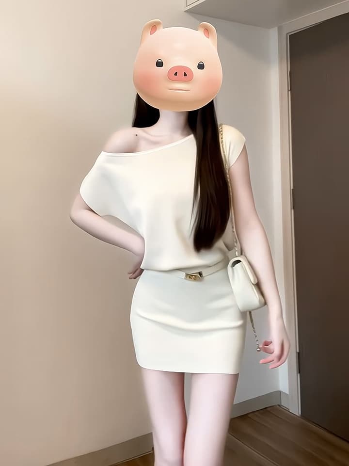 순수한 욕망 바람 허리 수축 슬림해 보이는 타이트 스커트 미니 스커트 품격 오프숄더 치마 여성 여름 섹션 핫걸 튀김 거리 비스듬한 어깨 니트 드레스 이미지 4