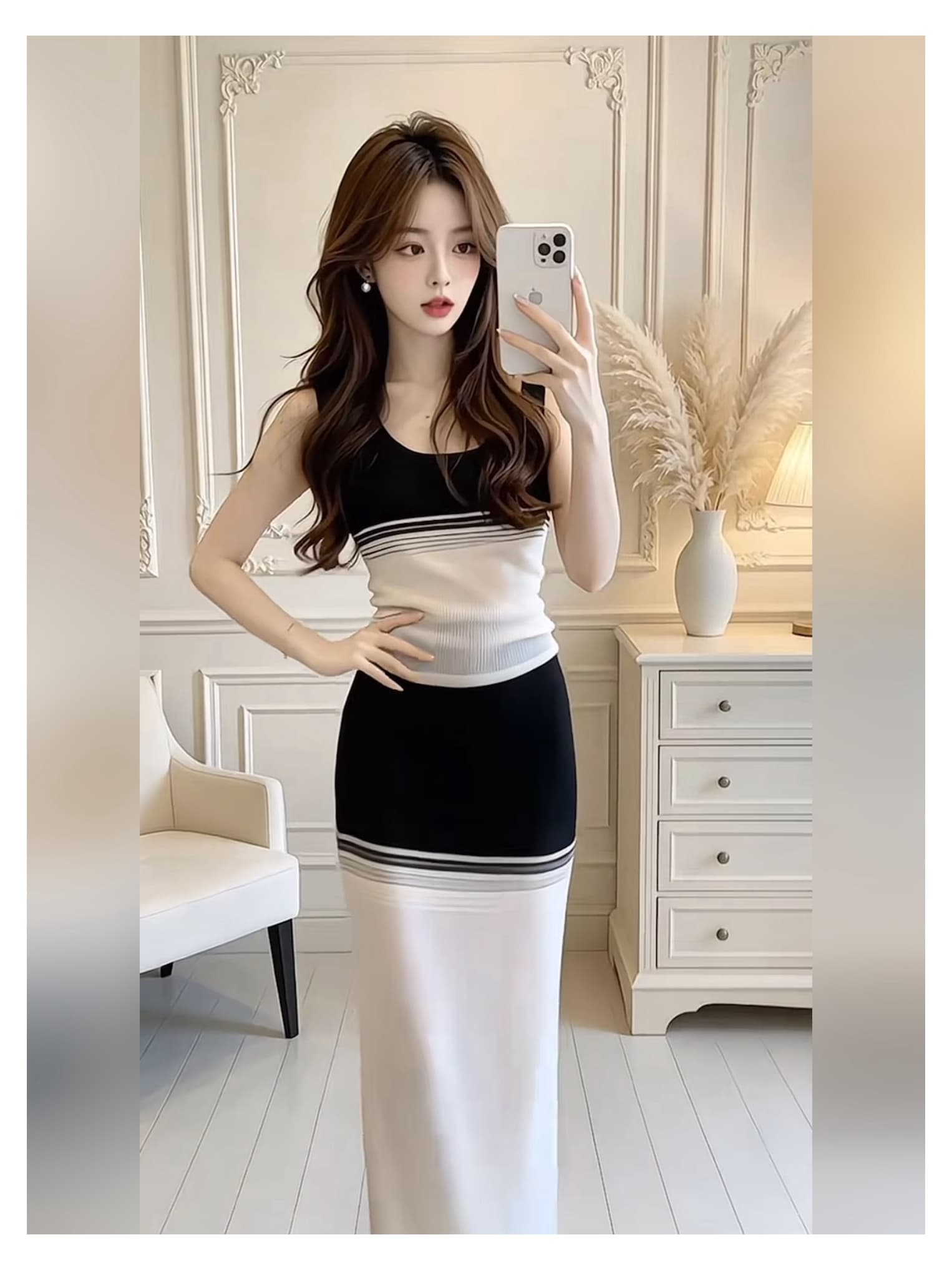 명문 여성 품격 흑백 줄무늬 배색 니트 조끼 세트 여성 26 여름 허리 수축 슬림해 보이는 반신 롱 스커트 투피스 세트 상세 이미지 2