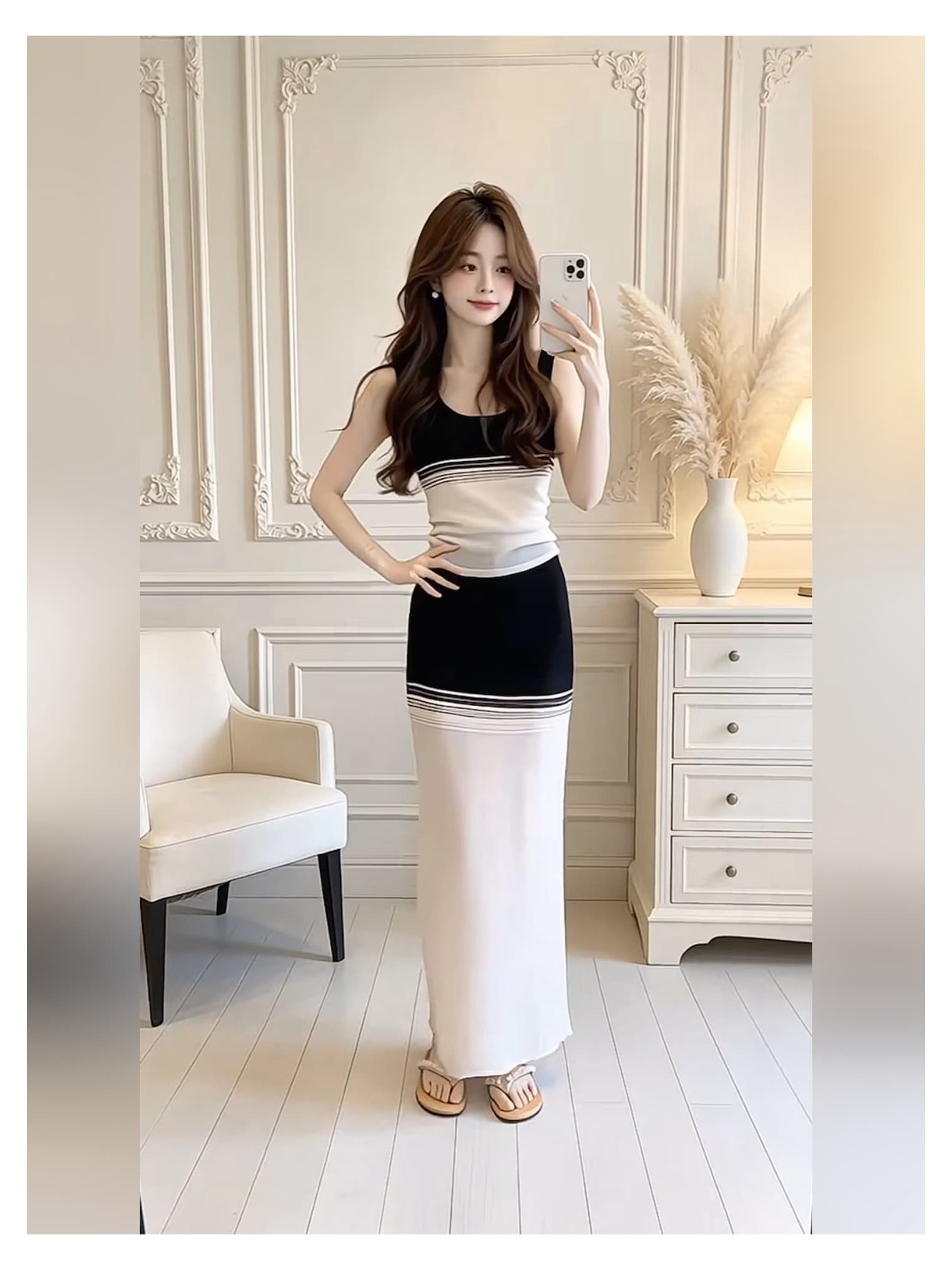 명문 여성 품격 흑백 줄무늬 배색 니트 조끼 세트 여성 26 여름 허리 수축 슬림해 보이는 반신 롱 스커트 투피스 세트 상세 이미지 4