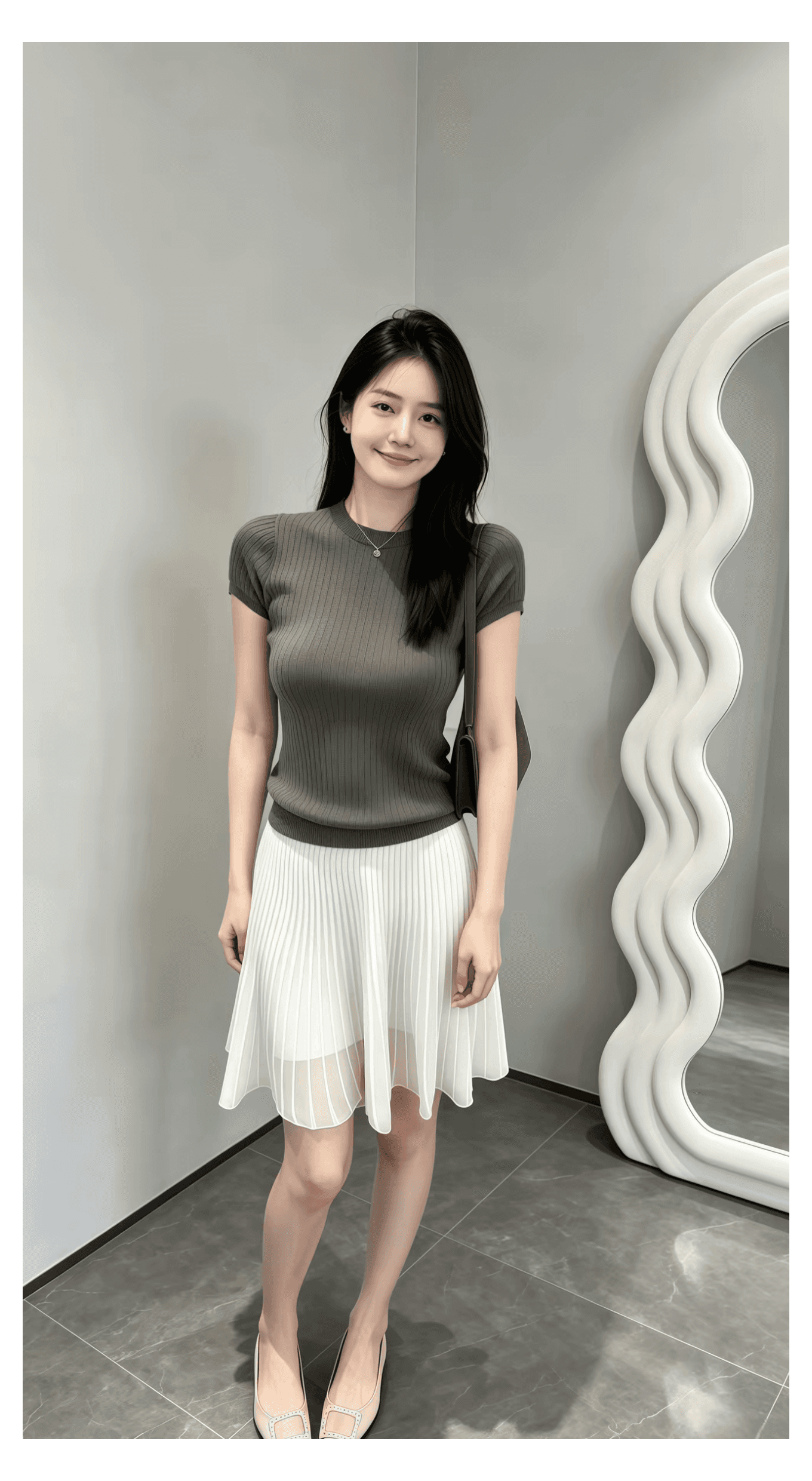전체 집합 ootd 착용 가져 가라. 여름 새로운 부드러운 품격 라운드 넥 반팔 니트 맨위 슬림해 보이는 반신 스커트 투피스 세트 상세 이미지 5