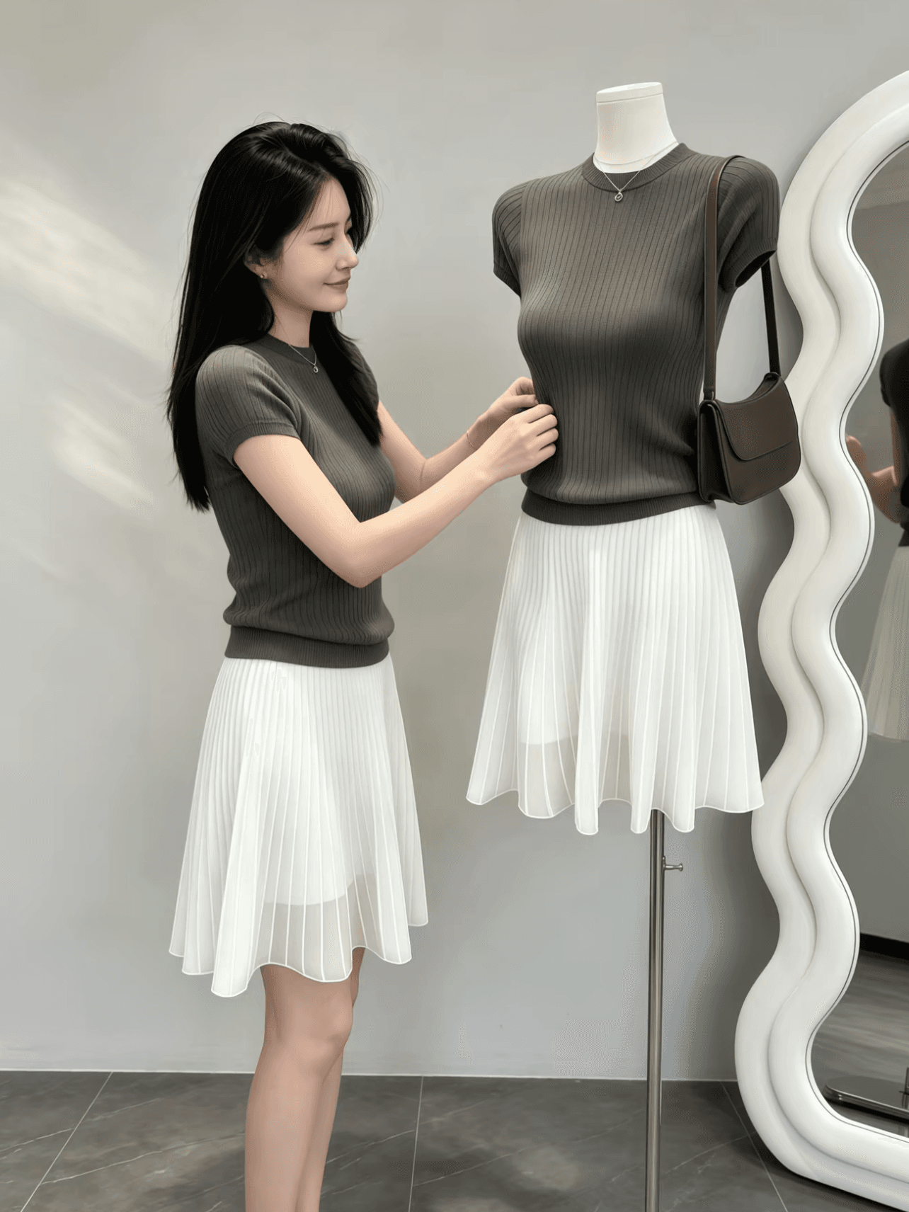 전체 집합 ootd 착용 가져 가라. 여름 새로운 부드러운 품격 라운드 넥 반팔 니트 맨위 슬림해 보이는 반신 스커트 투피스 세트 이미지 4