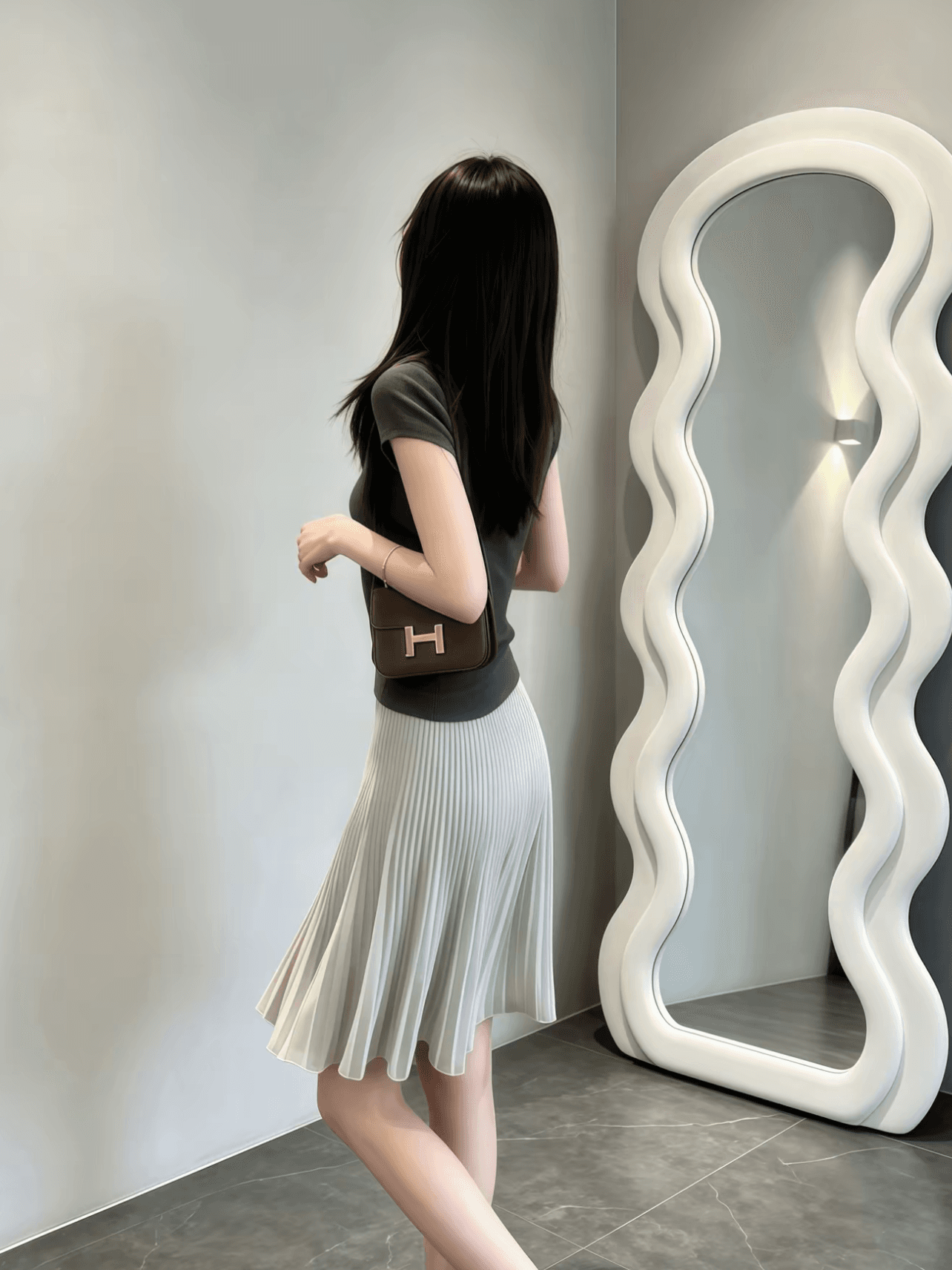 전체 집합 ootd 착용 가져 가라. 여름 새로운 부드러운 품격 라운드 넥 반팔 니트 맨위 슬림해 보이는 반신 스커트 투피스 세트 이미지 3