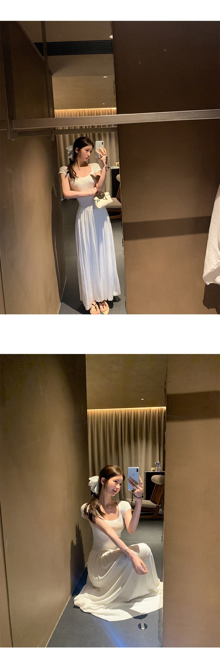 무거운 작업 고급 센스 품격 광장 칼라 홀로우 아웃 얼음 실크 니트 큰 진자 드레스 허리 수축 롱 스커트 여성 여름 새로운 화이트 상세 이미지 14