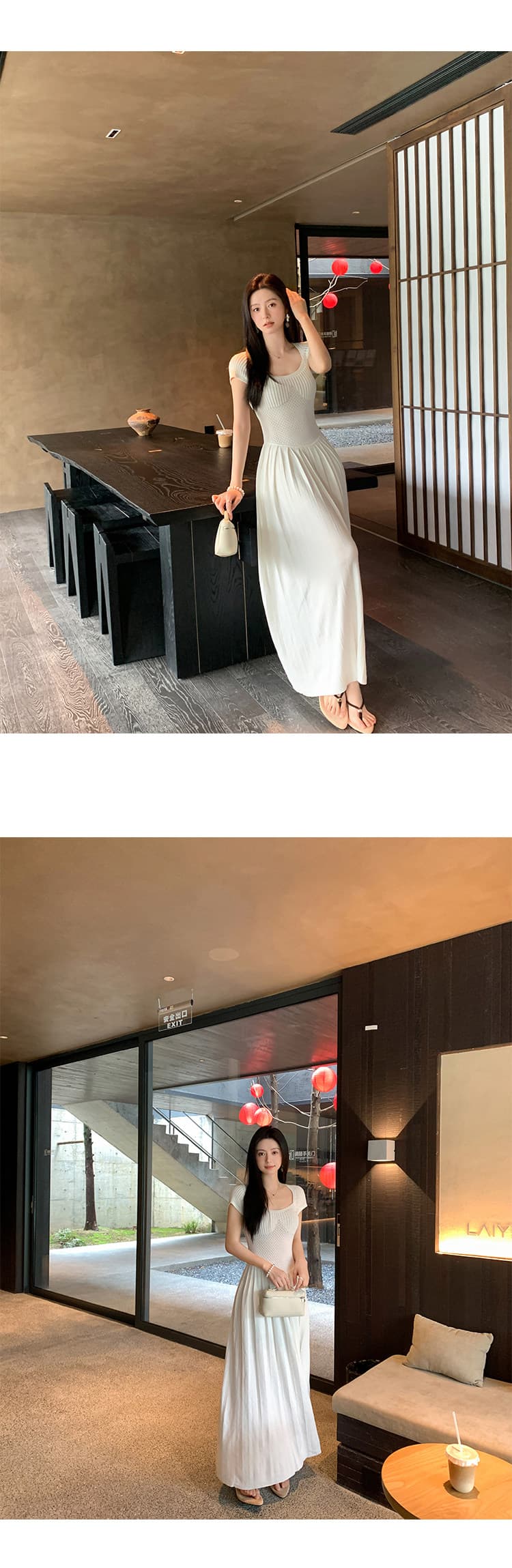 무거운 작업 고급 센스 품격 광장 칼라 홀로우 아웃 얼음 실크 니트 큰 진자 드레스 허리 수축 롱 스커트 여성 여름 새로운 화이트 상세 이미지 26