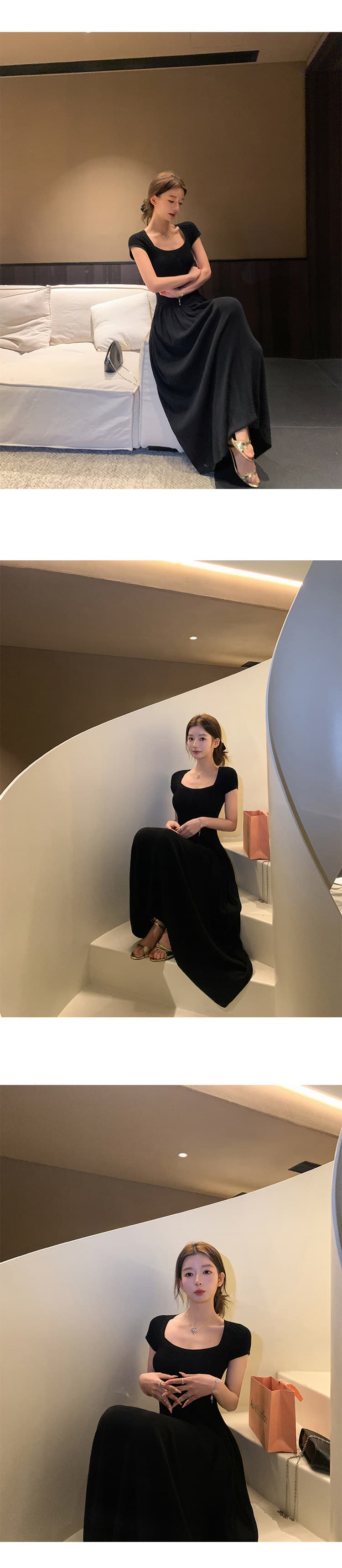 무거운 작업 고급 센스 품격 광장 칼라 홀로우 아웃 얼음 실크 니트 큰 진자 드레스 허리 수축 롱 스커트 여성 여름 새로운 화이트 상세 이미지 30