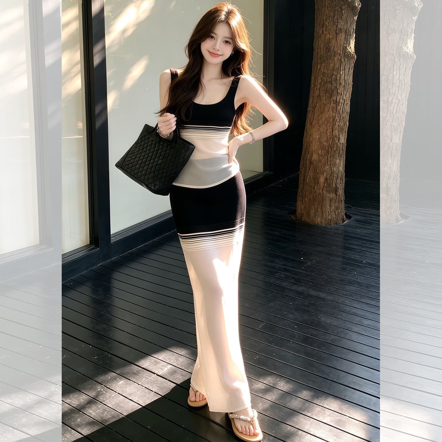 휴일 작은 샤넬 스타일 흑백 줄무늬 배색 니트 세트 드레스 여성 여름 섹션 허리 수축 슬림해 보이는 반신 롱 스커트 투피스 세트