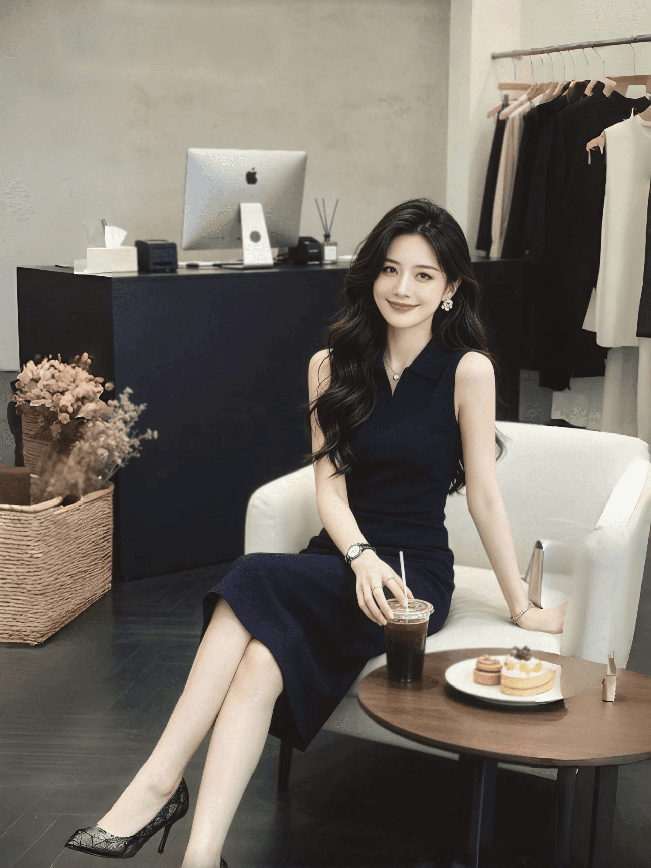 빛 럭셔리 해군 POLO 칼라 니트 여성 드레스 여름 새로운 품격 허리 수축 슬림해 보이는 출퇴근 민소매 조끼 스커트 이미지 3