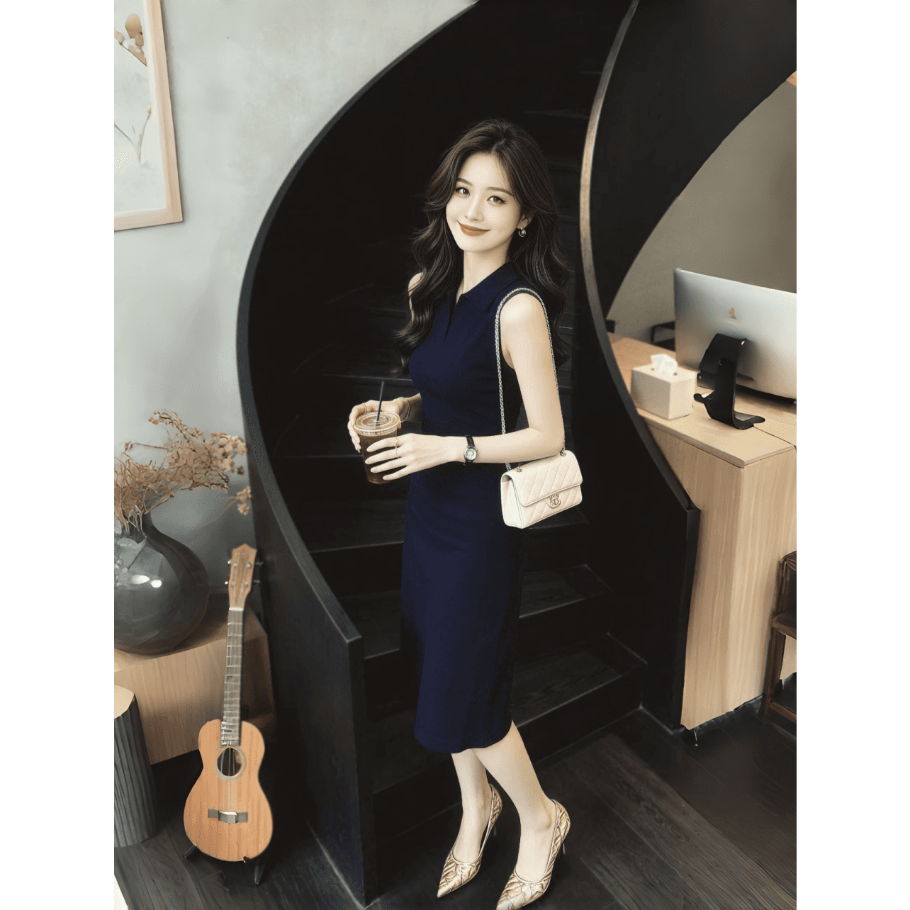 빛 럭셔리 해군 POLO 칼라 니트 여성 드레스 여름 새로운 품격 허리 수축 슬림해 보이는 출퇴근 민소매 조끼 스커트 이미지 5