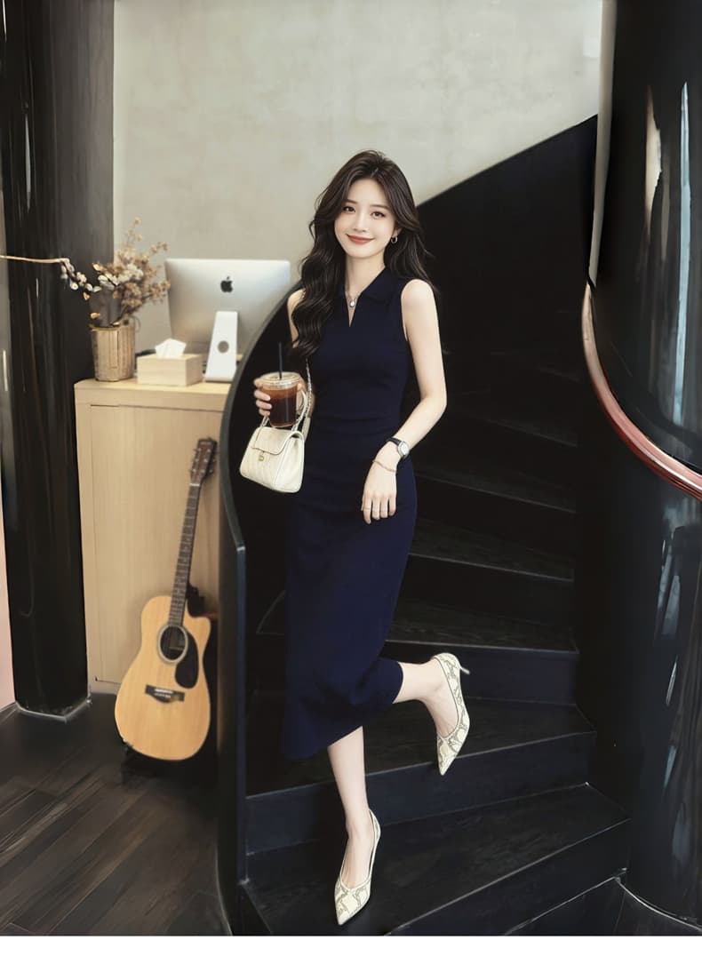 빛 럭셔리 해군 POLO 칼라 니트 여성 드레스 여름 새로운 품격 허리 수축 슬림해 보이는 출퇴근 민소매 조끼 스커트 상세 이미지 8