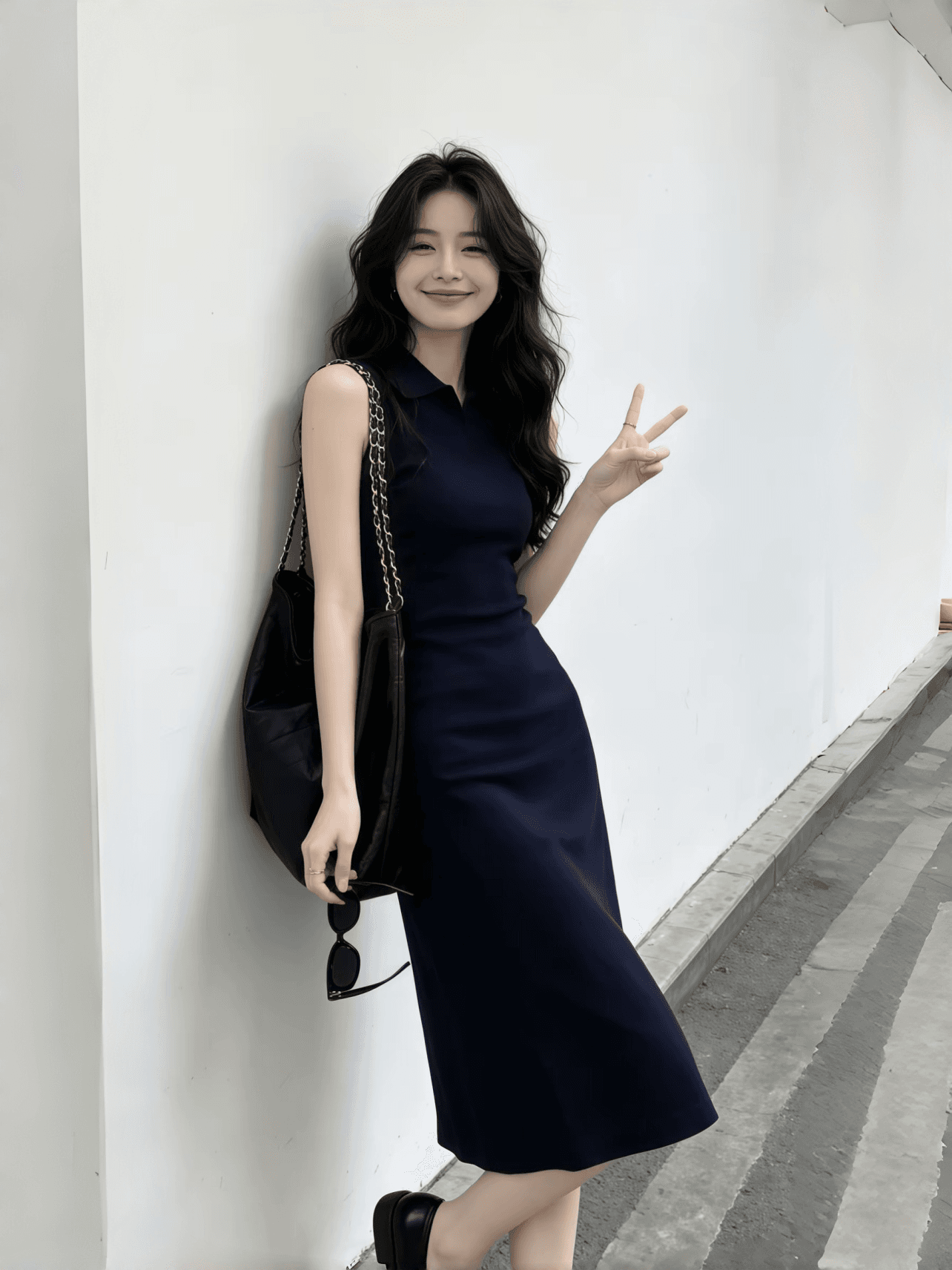빛 럭셔리 품격 해군 POLO 칼라 니트 여성 드레스 몸매 가꾸기 슬림해 보이는 출퇴근 민소매 허리 수축 타이트 스커트 중간 길이 스커트 이미지 3