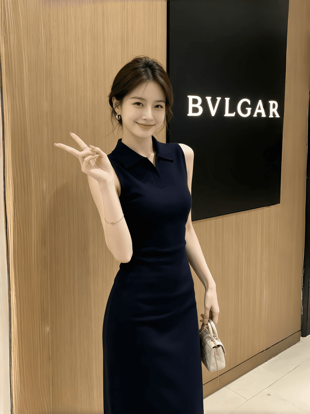 빛 럭셔리 품격 해군 POLO 칼라 니트 여성 드레스 몸매 가꾸기 슬림해 보이는 출퇴근 민소매 허리 수축 타이트 스커트 중간 길이 스커트 이미지 4