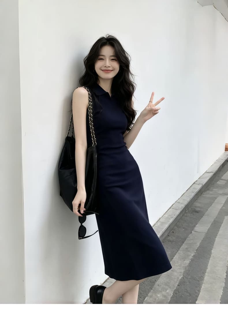 빛 럭셔리 품격 해군 POLO 칼라 니트 여성 드레스 몸매 가꾸기 슬림해 보이는 출퇴근 민소매 허리 수축 타이트 스커트 중간 길이 스커트 상세 이미지 2