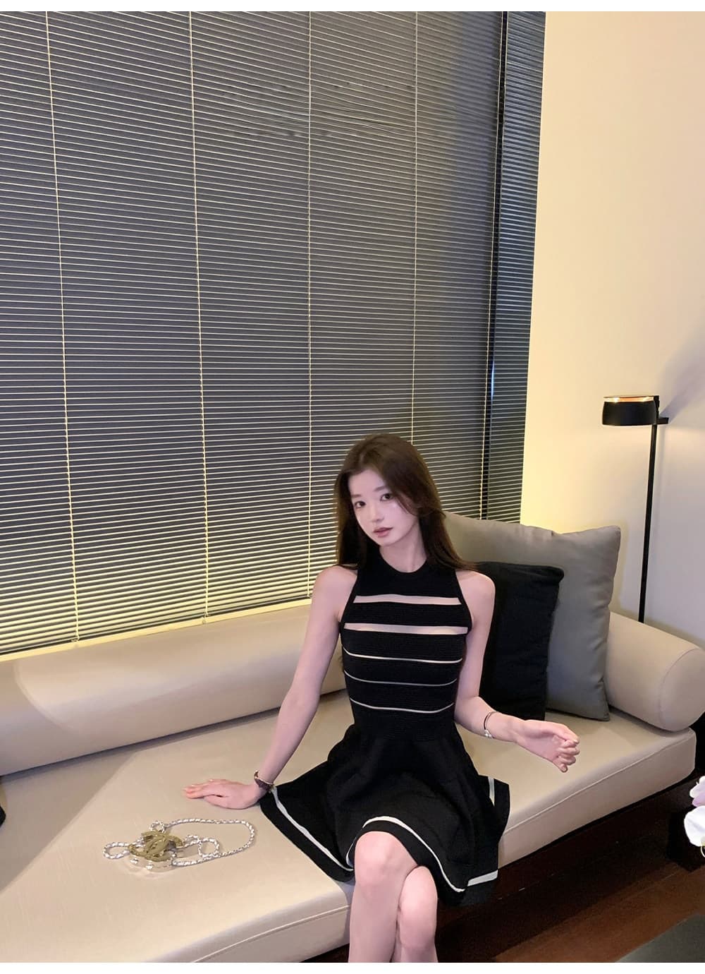 휴일 작은 샤넬 스타일 검정색 고급 센스 품격 허리 수축 니트 여성 드레스 여름 새로운 슬림해 보이는 조끼 스커트 상세 이미지 6