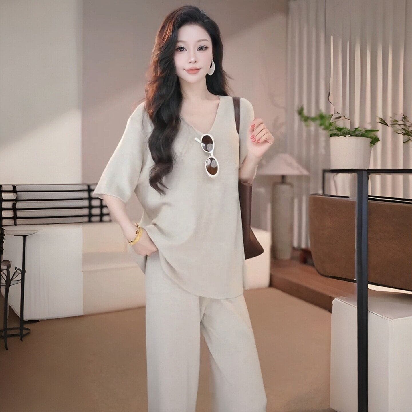 느긋한 바람 얼음 실크 니트 세트 여성 여름 v 칼라 루즈핏 맨위 와이드 레그 팬츠 캐주얼 투피스 세트 상세 이미지 3