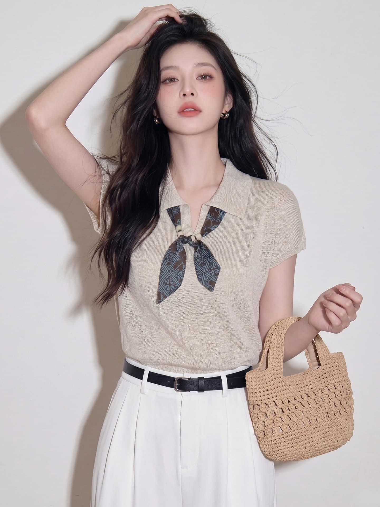2026 여름 빛 요리 한 바람 스카프 장식 니트 스웨터 오트밀 색상 POLO 칼라 루즈핏 통기성 반팔 품격 맨위 이미지 5