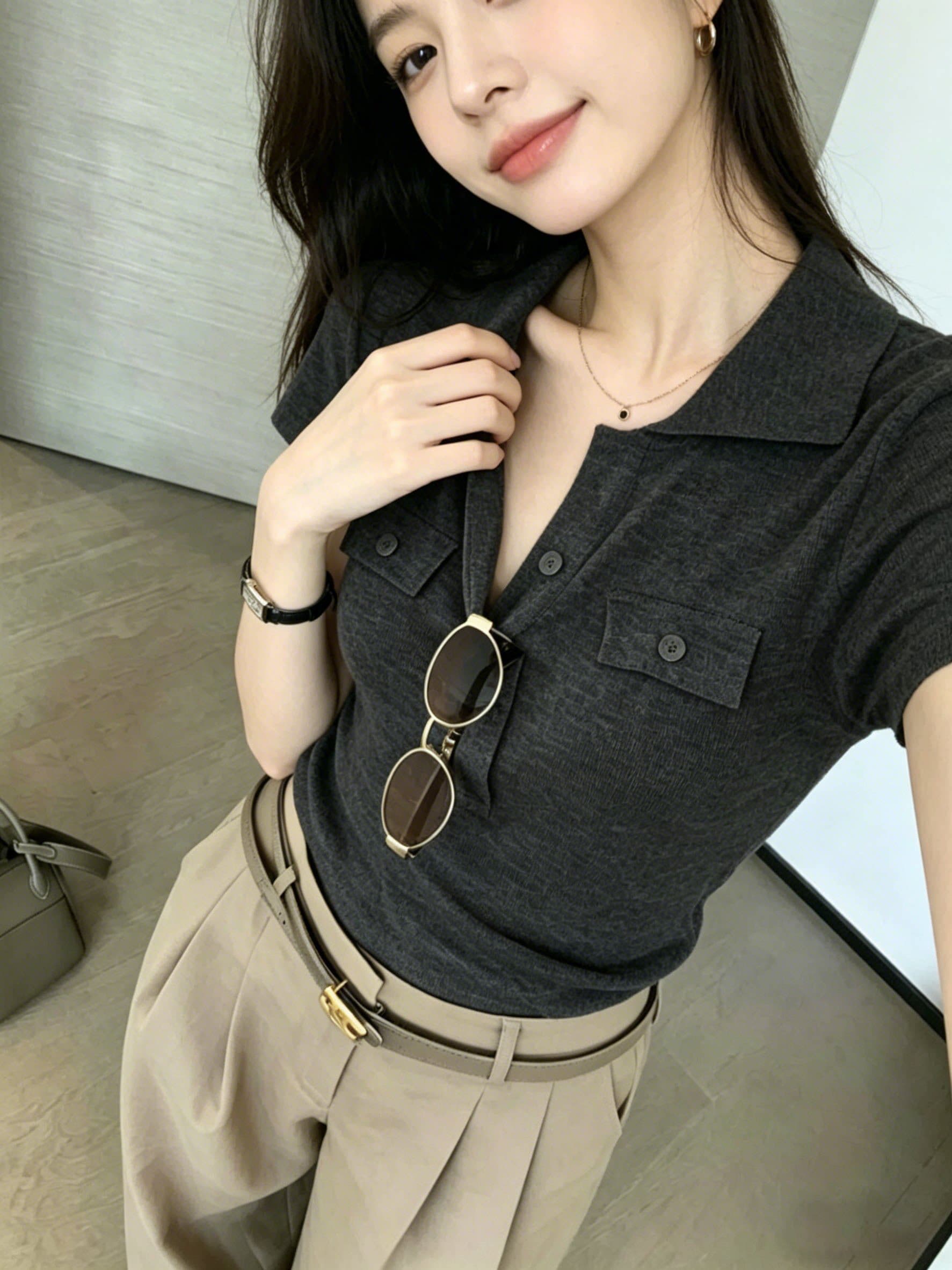 출퇴근 다용도 폴로 칼라 니트 반팔 티셔츠 여성 여름 새로운 몸매 가꾸기 슬림해 보이는 더블 주머니 디자인 센스 출퇴근 맨위 상세 이미지 5