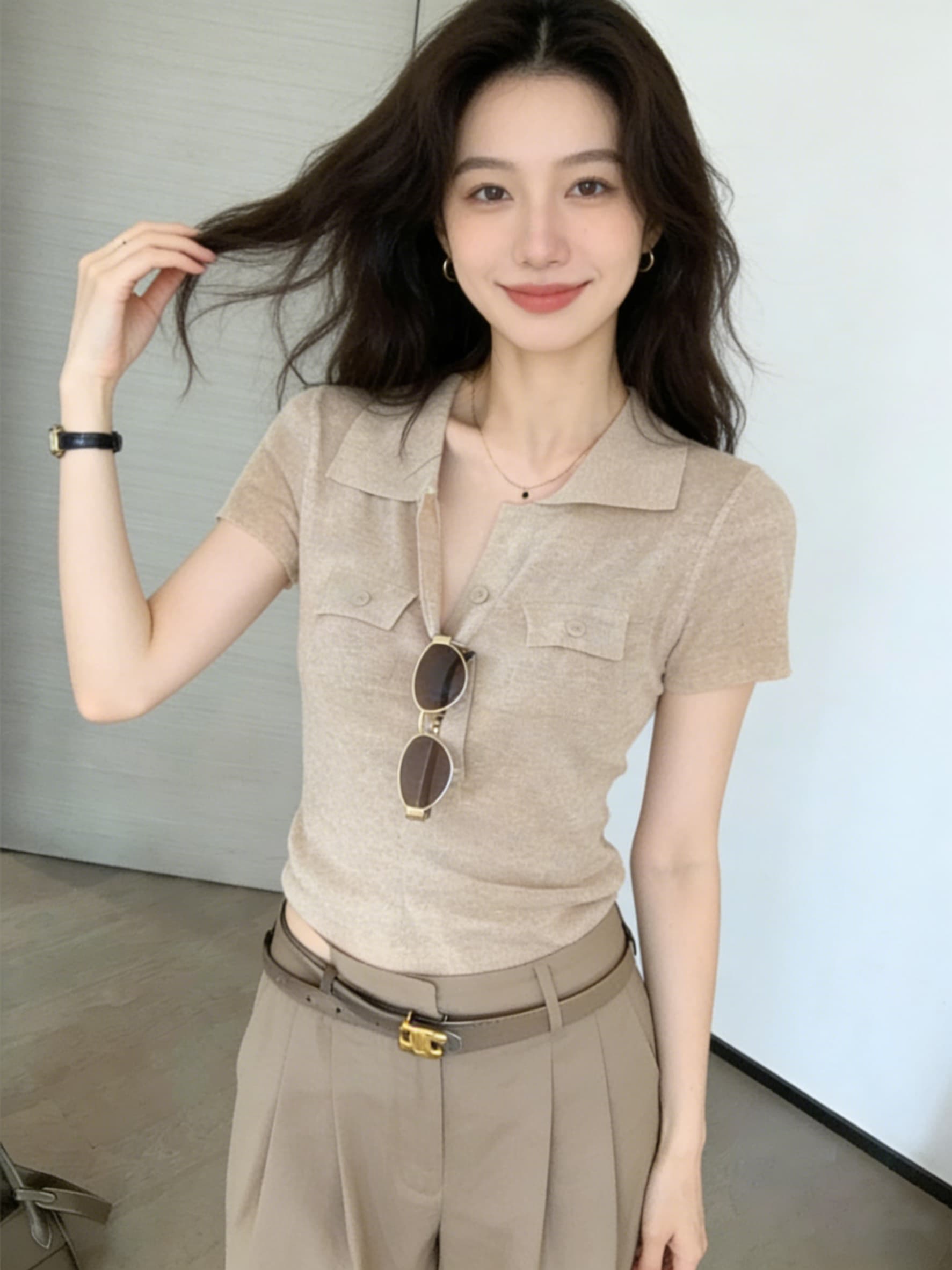 출퇴근 다용도 폴로 칼라 니트 반팔 티셔츠 여성 여름 새로운 몸매 가꾸기 슬림해 보이는 더블 주머니 디자인 센스 출퇴근 맨위 상세 이미지 8