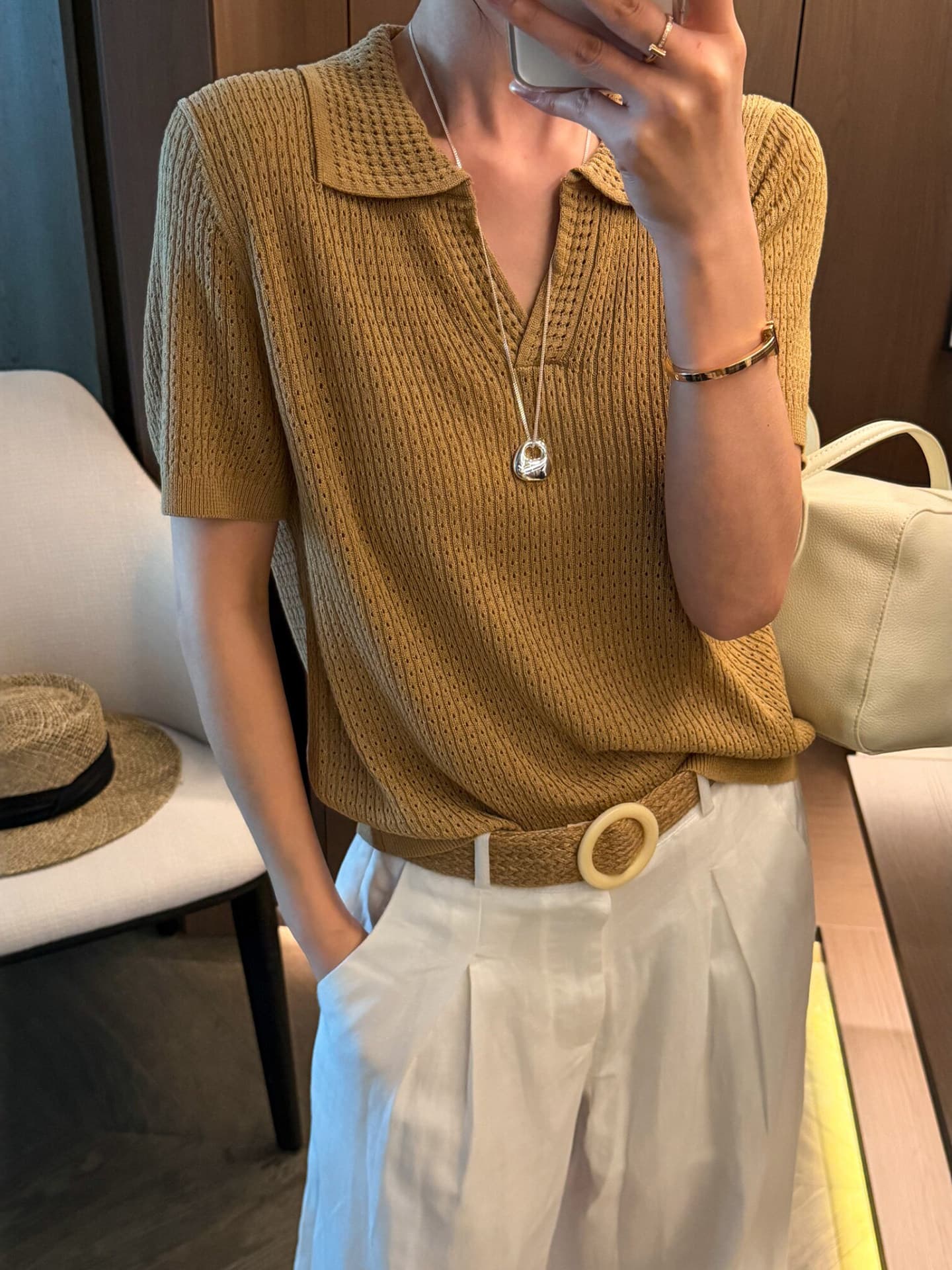 홀로우 아웃 POLO 칼라 니트 반팔 티셔츠 여성 여름 새로운 루즈핏 통기성 V넥 캐주얼 품격 출퇴근 맨위 이미지 4