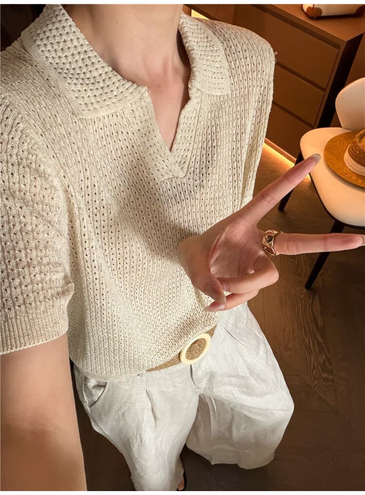 홀로우 아웃 POLO 칼라 니트 반팔 티셔츠 여성 여름 새로운 루즈핏 통기성 V넥 캐주얼 품격 출퇴근 맨위 상세 이미지 19