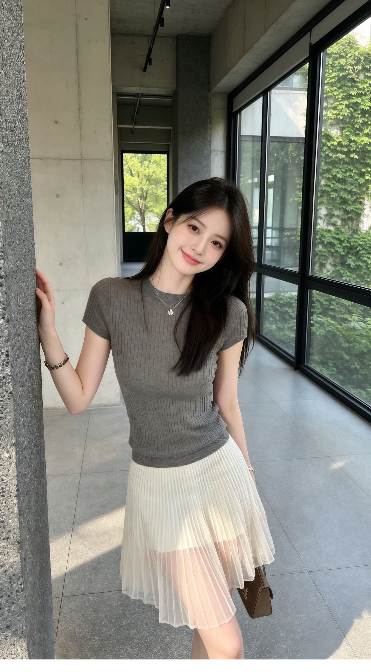 라운드 넥 구덩이 기사 니트 여름 새로운 몸매 가꾸기 슬림해 보이는 품격 티셔츠 하이웨이스트 망사 플리츠 반신 스커트 투피스 세트 상세 이미지 1