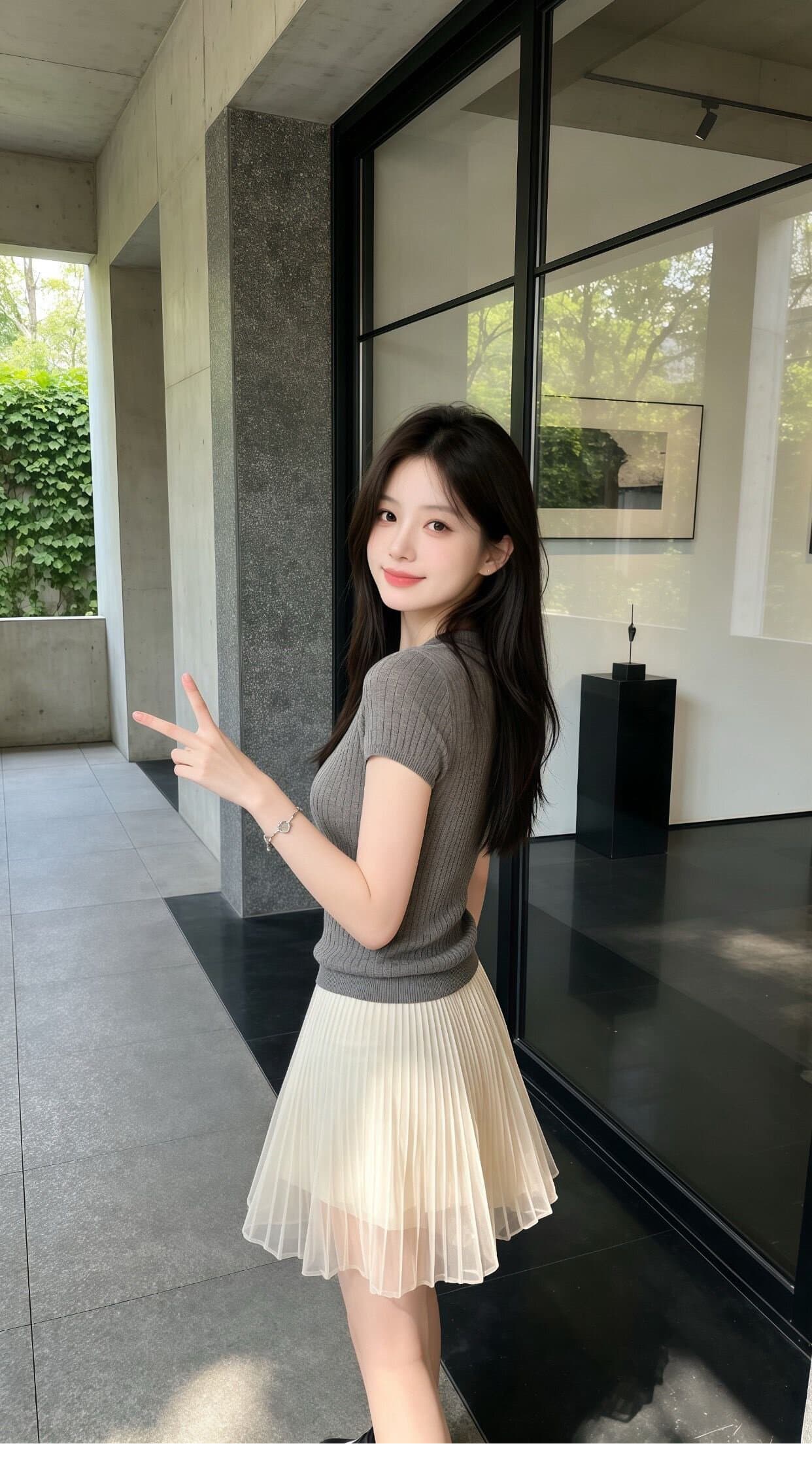 라운드 넥 구덩이 기사 니트 여름 새로운 몸매 가꾸기 슬림해 보이는 품격 티셔츠 하이웨이스트 망사 플리츠 반신 스커트 투피스 세트 상세 이미지 3