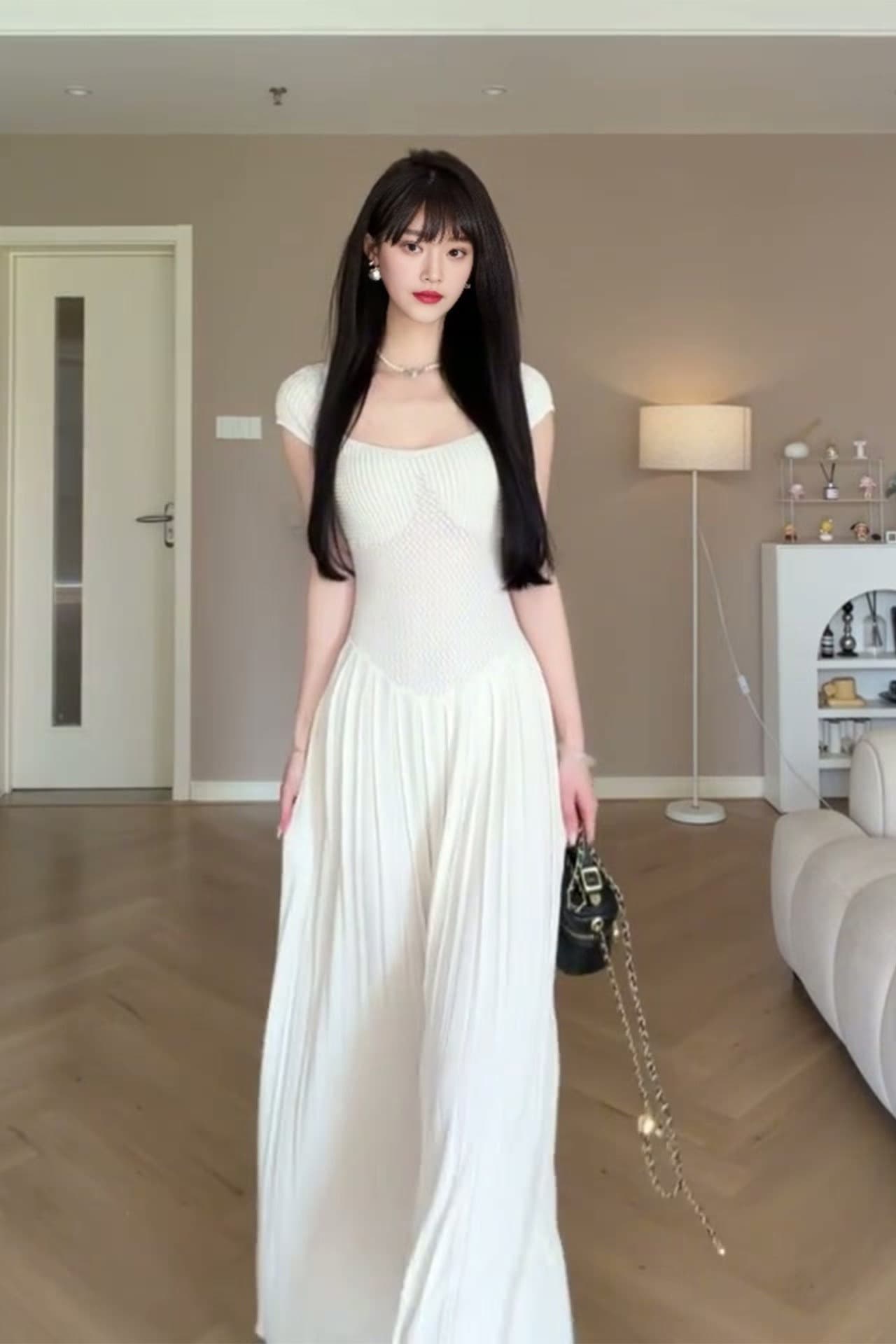 광장 칼라 니트 플리츠 스커트 여성 여름 새로운 허리 수축 슬림해 보이는 반팔 품격 순수한 욕망 바람 화이트 롱 코트 빅 플레어 스커트 이미지 7