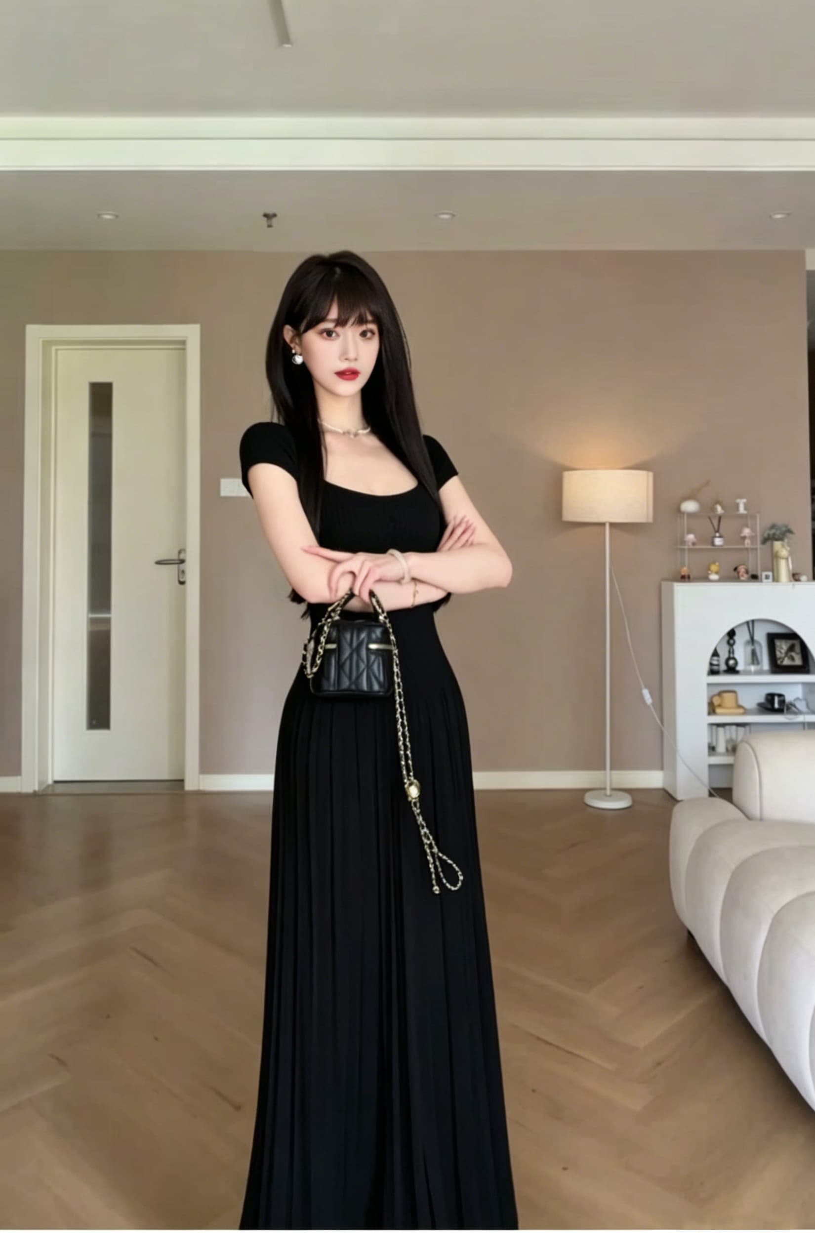 광장 칼라 니트 플리츠 스커트 여성 여름 새로운 허리 수축 슬림해 보이는 반팔 품격 순수한 욕망 바람 화이트 롱 코트 빅 플레어 스커트 상세 이미지 11