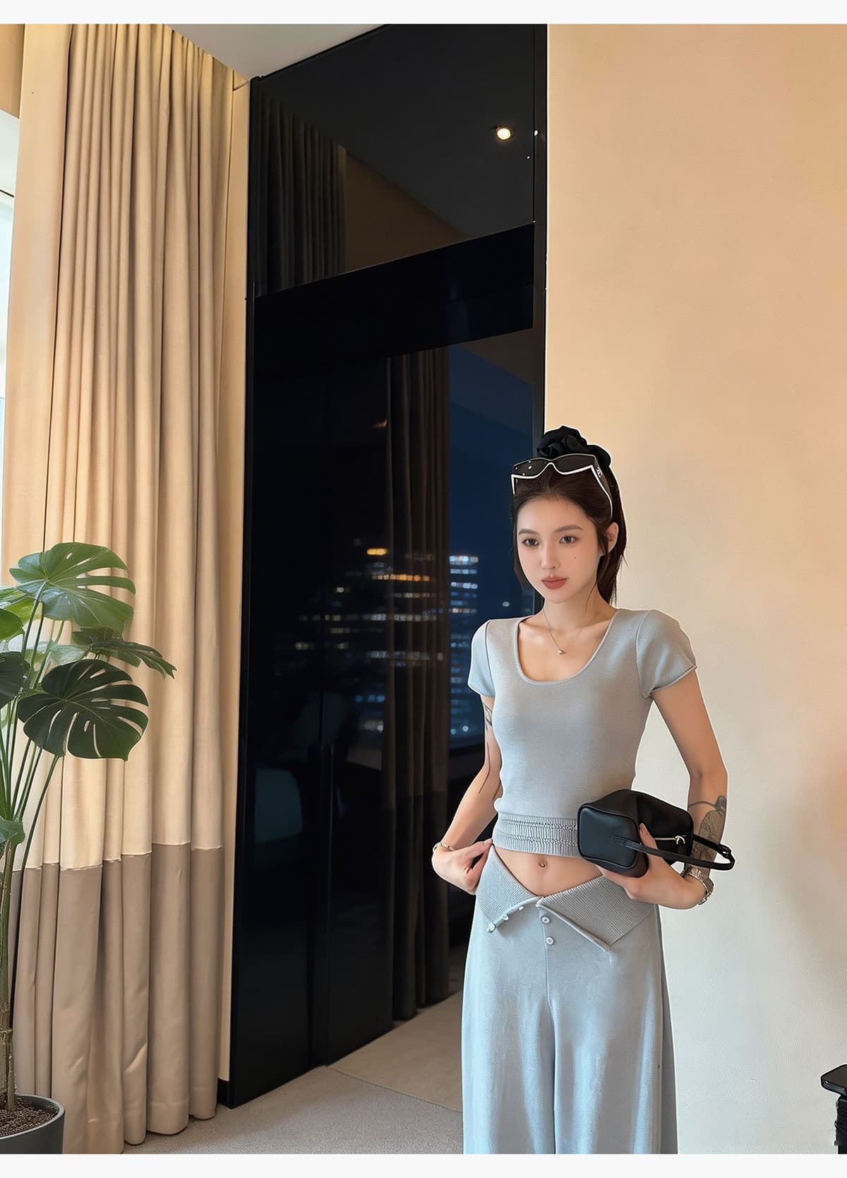 뒤집다 접기 단추 허리 머리 루즈핏 니트 와이드 레그 팬츠 세트 여성 여름 u 수신 Pleat 쇼트 스타일 이슬 뼈의 반팔 투피스 세트 상세 이미지 5