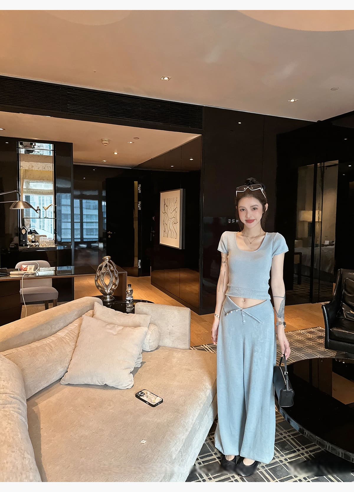 뒤집다 접기 단추 허리 머리 루즈핏 니트 와이드 레그 팬츠 세트 여성 여름 u 수신 Pleat 쇼트 스타일 이슬 뼈의 반팔 투피스 세트 상세 이미지 11