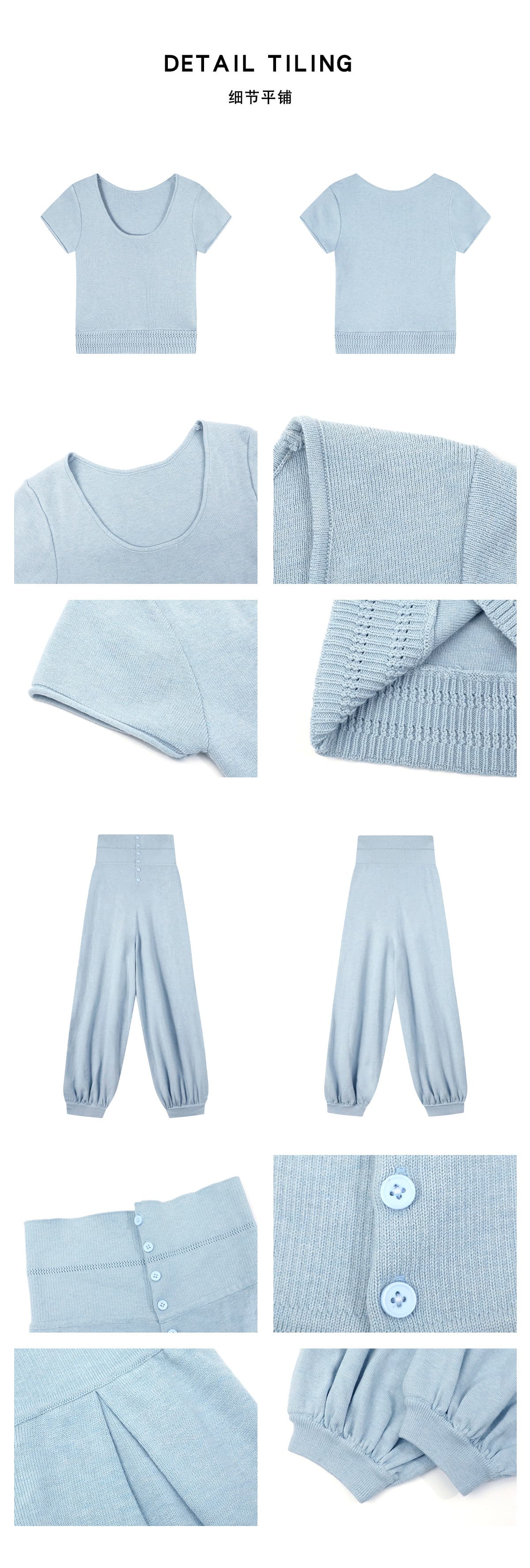 뒤집다 접기 단추 허리 머리 루즈핏 니트 와이드 레그 팬츠 세트 여성 여름 u 수신 Pleat 쇼트 스타일 이슬 뼈의 반팔 투피스 세트 상세 이미지 18