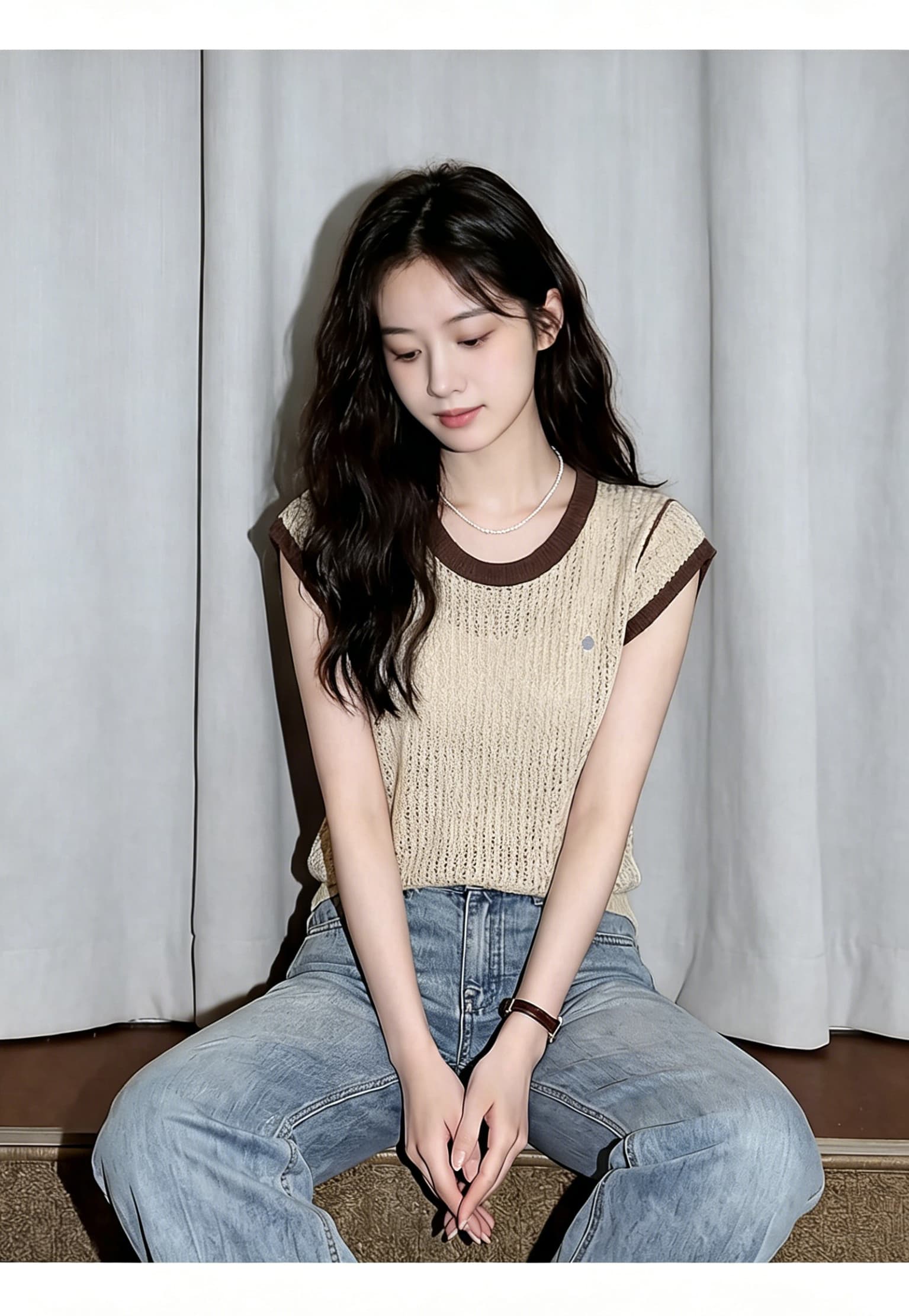 여름 미니멀리즘 바람 테두리 라운드 넥 민소매 니트 조끼 여성 좋은 플래시 질감 통기성 날다 소매 어깨 쇼트 스타일 맨위 상세 이미지 13