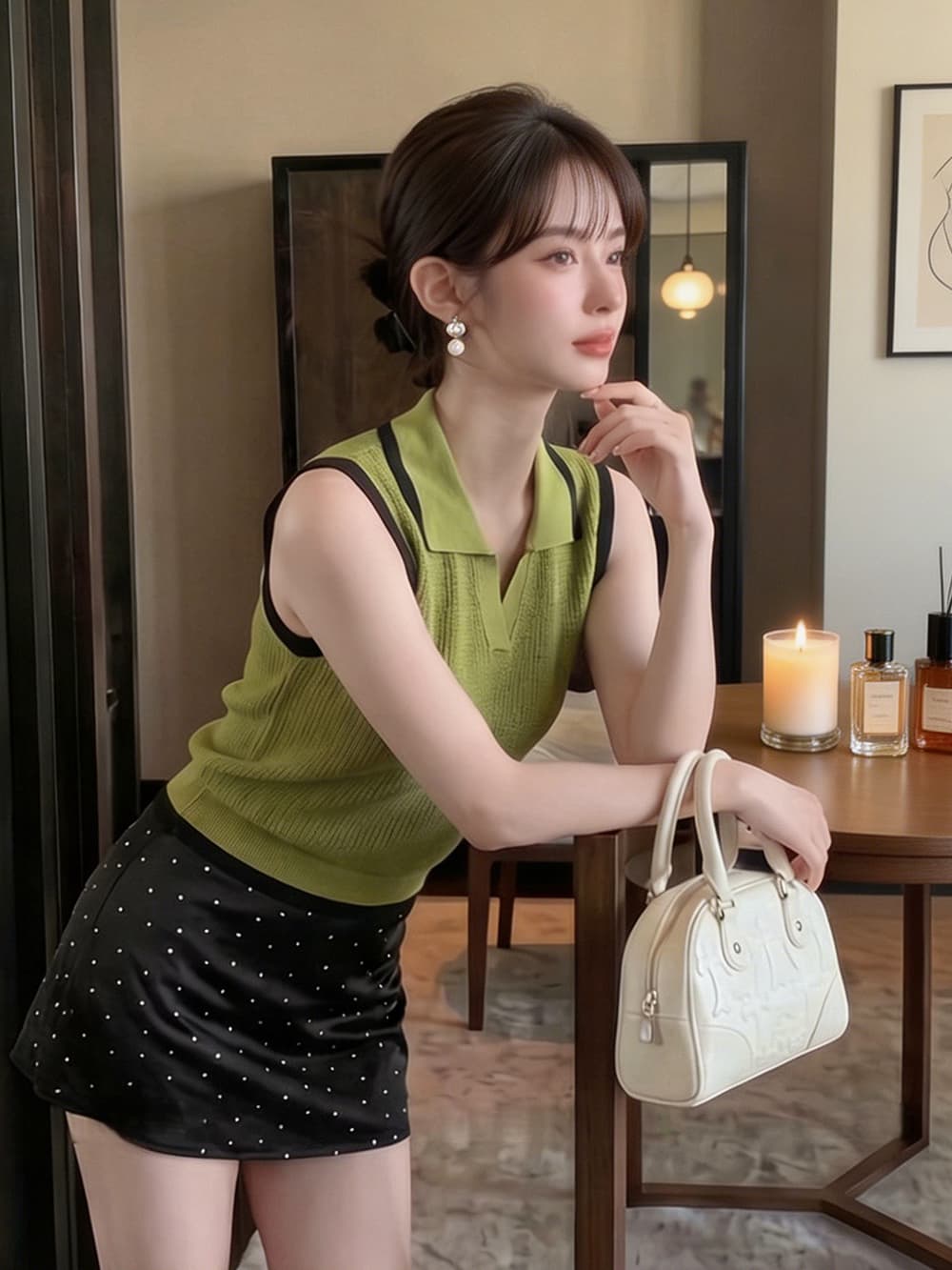 배색 테두리 POLO 칼라 민소매 니트 조끼 여성 V넥 폴로 칼라 몸매 가꾸기 구덩이 기사 쇼트 스타일 슬림해 보이는 베스트 맨위 이미지 3