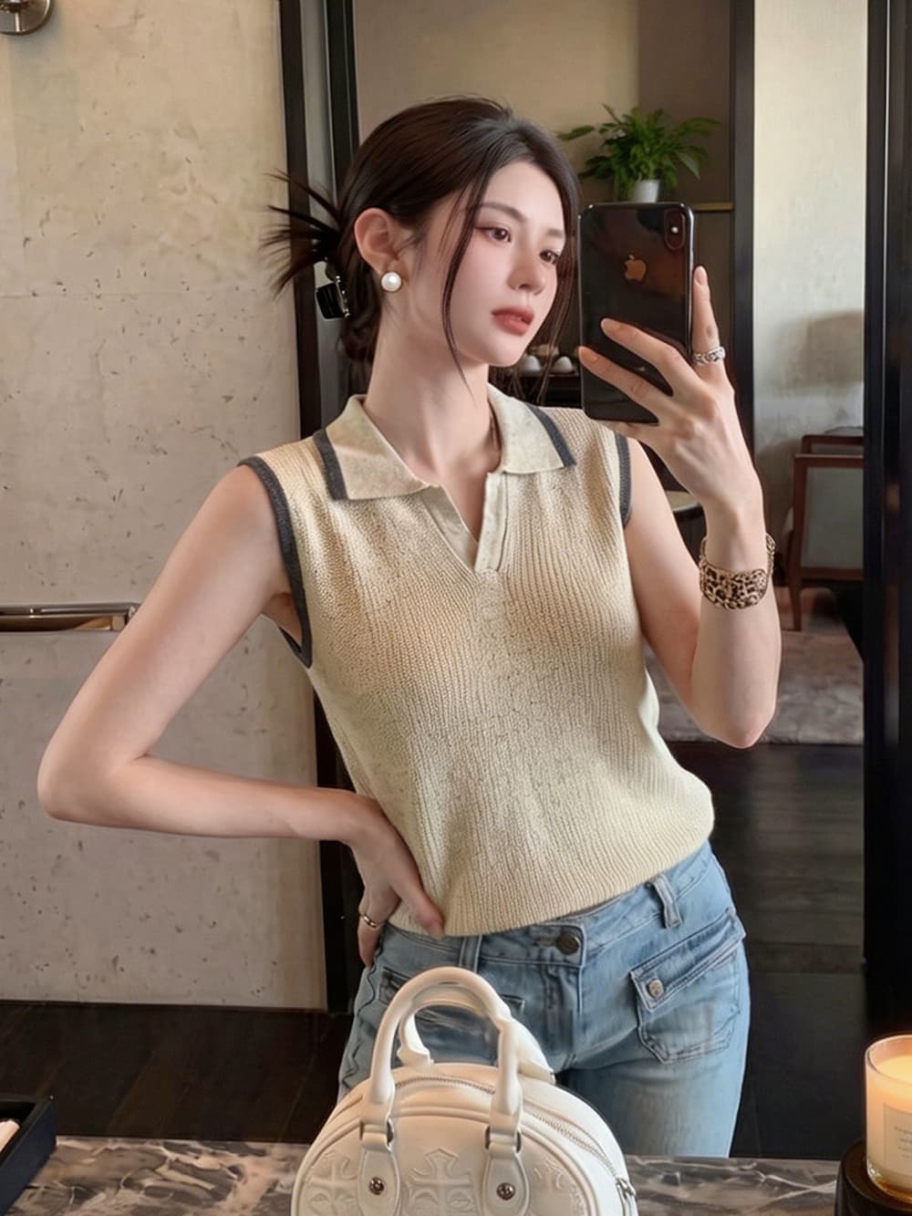 배색 테두리 POLO 칼라 민소매 니트 조끼 여성 V넥 폴로 칼라 몸매 가꾸기 구덩이 기사 쇼트 스타일 슬림해 보이는 베스트 맨위 이미지 4