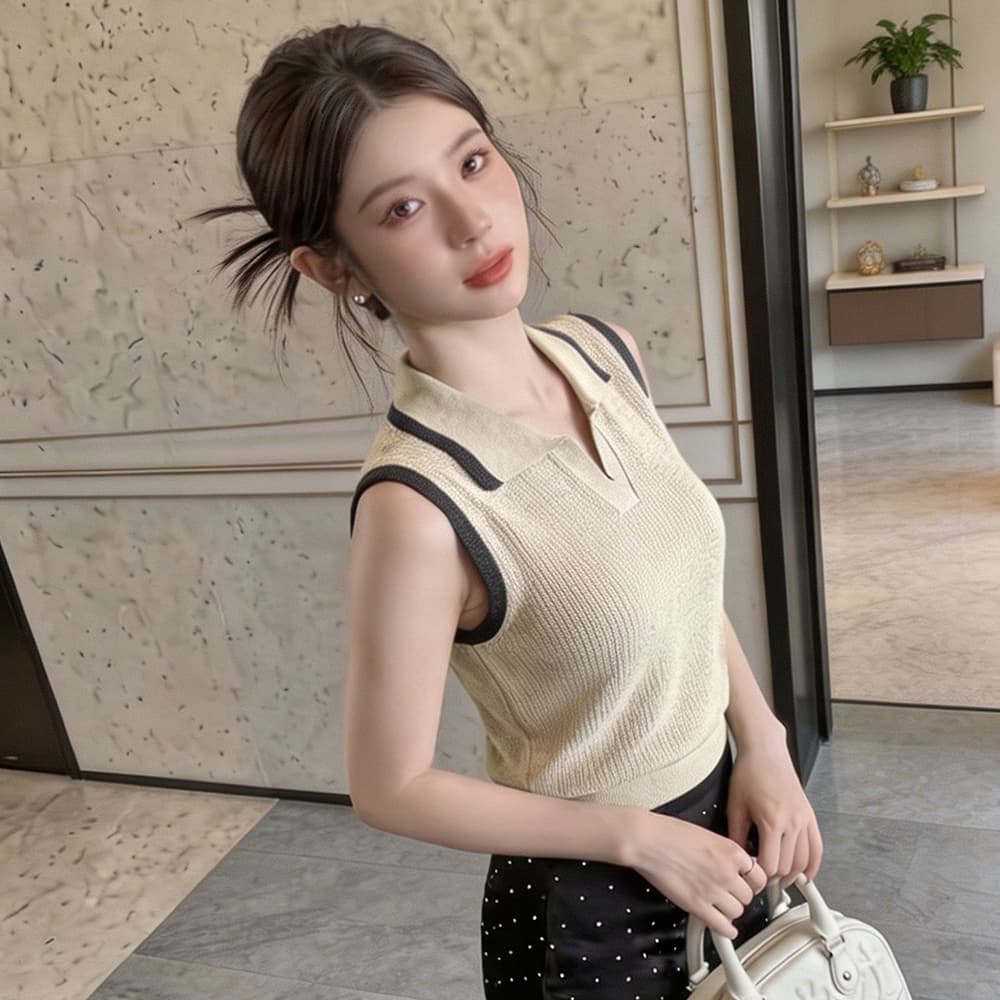 배색 테두리 POLO 칼라 민소매 니트 조끼 여성 V넥 폴로 칼라 몸매 가꾸기 구덩이 기사 쇼트 스타일 슬림해 보이는 베스트 맨위 이미지 6