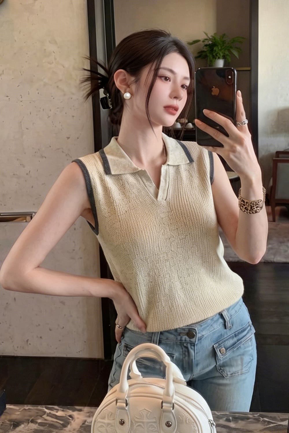 배색 테두리 POLO 칼라 민소매 니트 조끼 여성 V넥 폴로 칼라 몸매 가꾸기 구덩이 기사 쇼트 스타일 슬림해 보이는 베스트 맨위 이미지 7