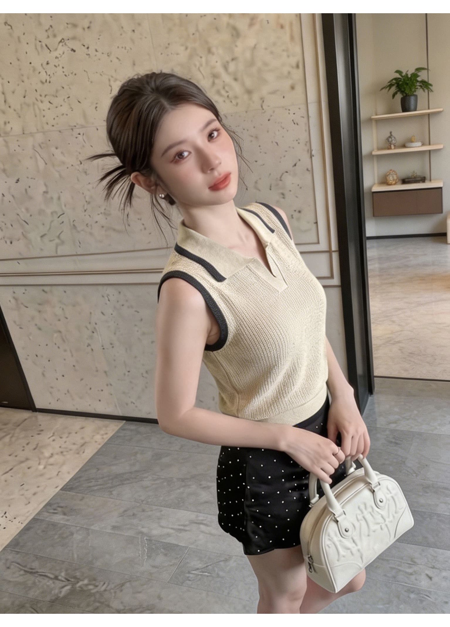 배색 테두리 POLO 칼라 민소매 니트 조끼 여성 V넥 폴로 칼라 몸매 가꾸기 구덩이 기사 쇼트 스타일 슬림해 보이는 베스트 맨위 상세 이미지 10