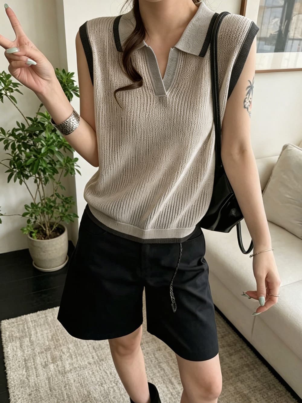 여름 폴로 칼라 민소매 니트 조끼 여자 배색 테두리 구덩이 곡물 통기성 루즈핏 POLO 칼라 조끼 외부 잡아라. 의류 이미지 3