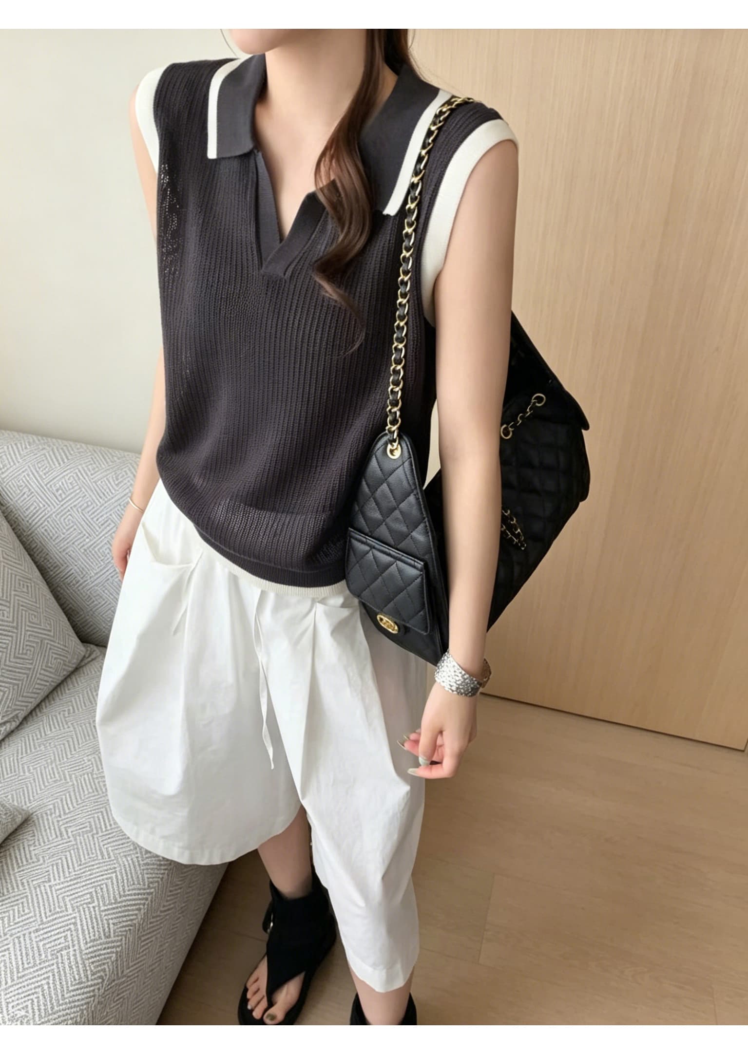 여름 폴로 칼라 민소매 니트 조끼 여자 배색 테두리 구덩이 곡물 통기성 루즈핏 POLO 칼라 조끼 외부 잡아라. 의류 상세 이미지 11