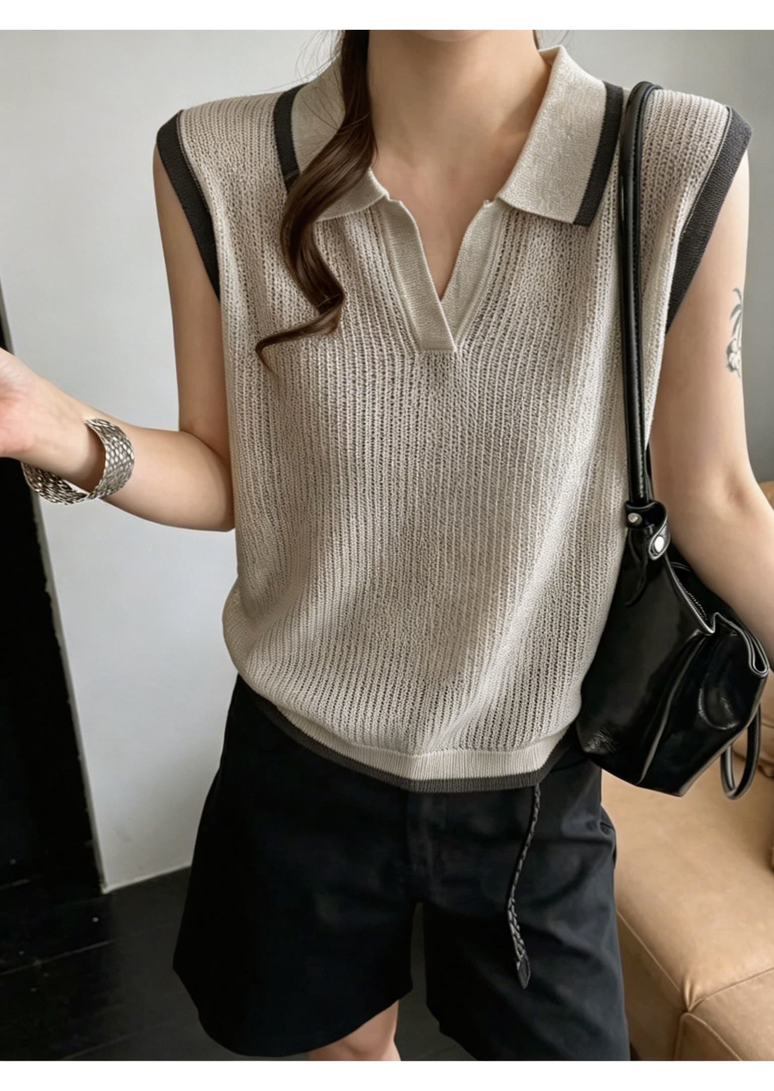여름 폴로 칼라 민소매 니트 조끼 여자 배색 테두리 구덩이 곡물 통기성 루즈핏 POLO 칼라 조끼 외부 잡아라. 의류 상세 이미지 17