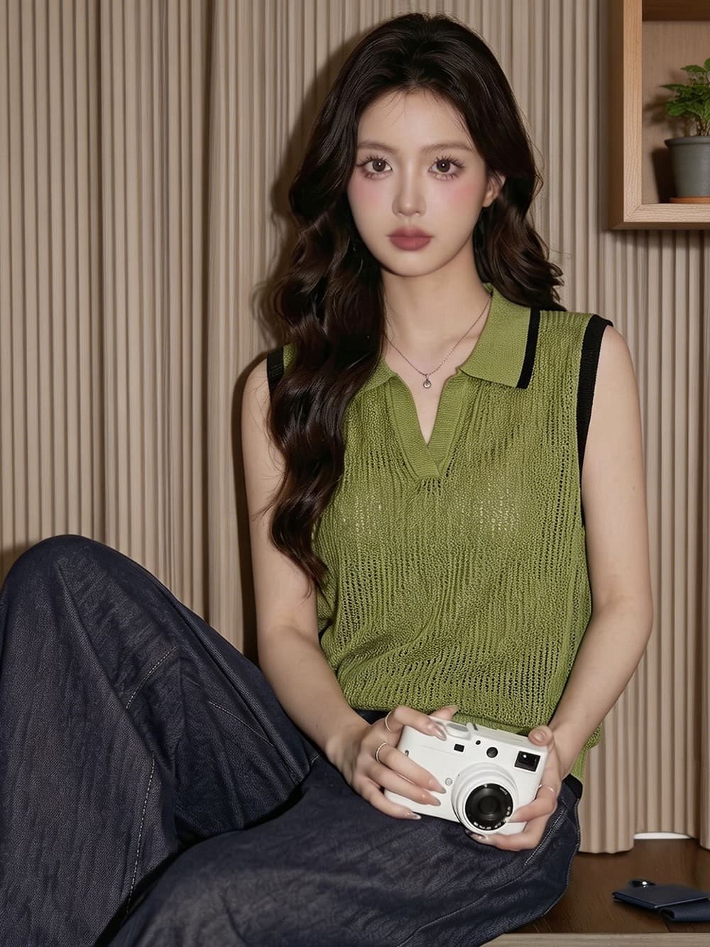 배색 테두리 거친 구덩이 니트 조끼 여성 여름 v 종류 반 개방 polo 폴로 칼라 루즈핏 민소매 통기성 외부 가져 가라. 베스트 이미지 5