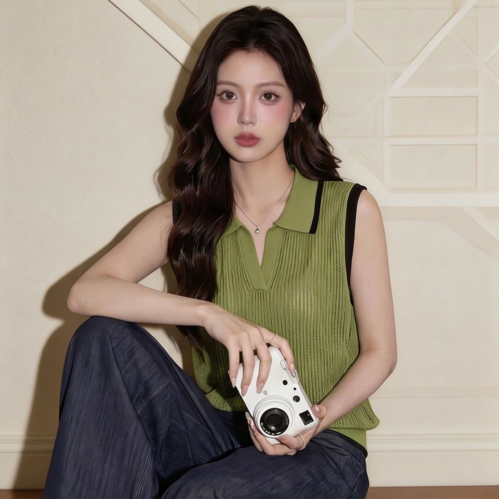 배색 테두리 거친 구덩이 니트 조끼 여성 여름 v 종류 반 개방 polo 폴로 칼라 루즈핏 민소매 통기성 외부 가져 가라. 베스트 이미지 6